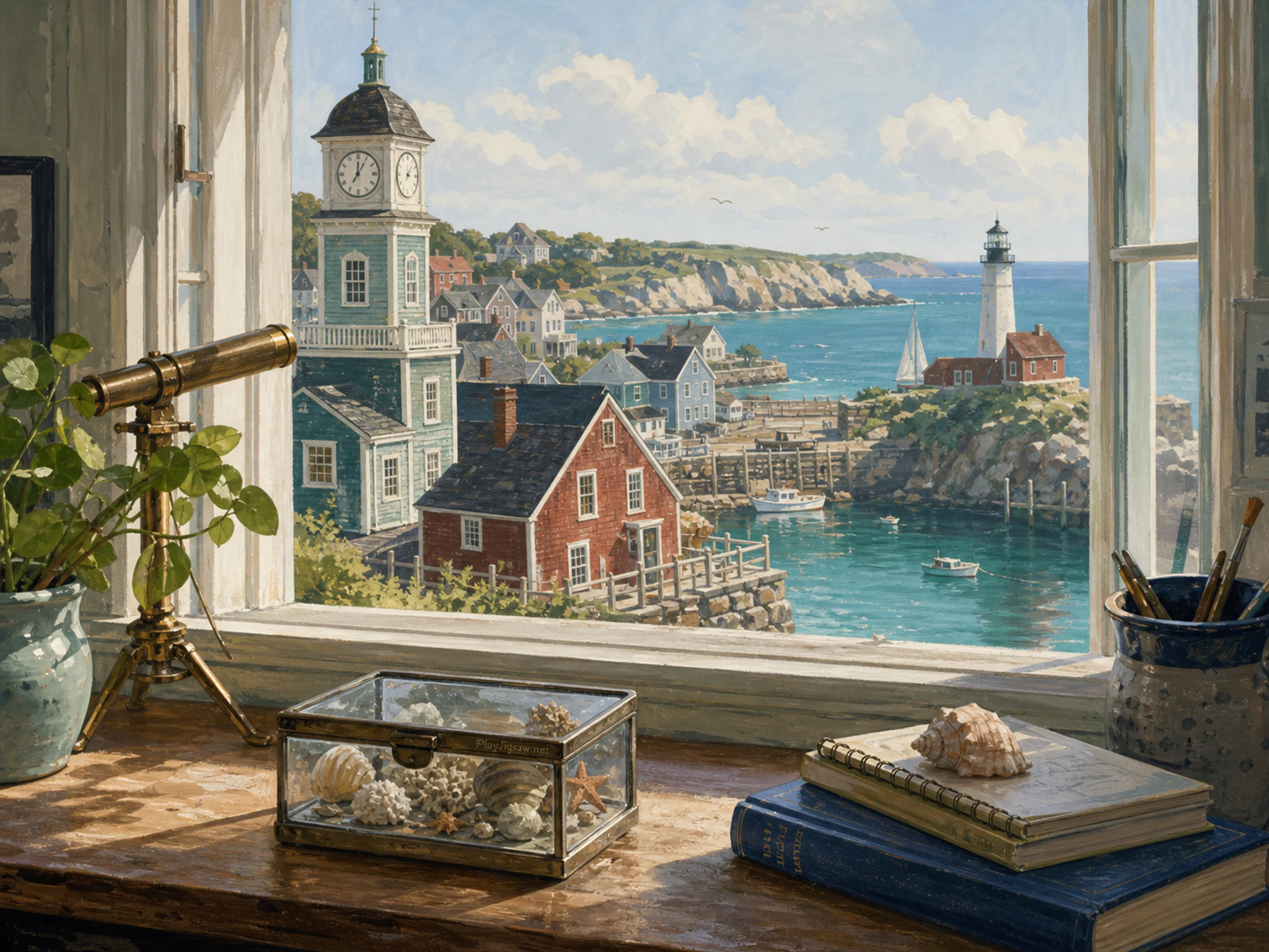 Clocktower Town opening onto small observation viewport in a colorful coastal settlement, with layered scenery and bright diffused window light.