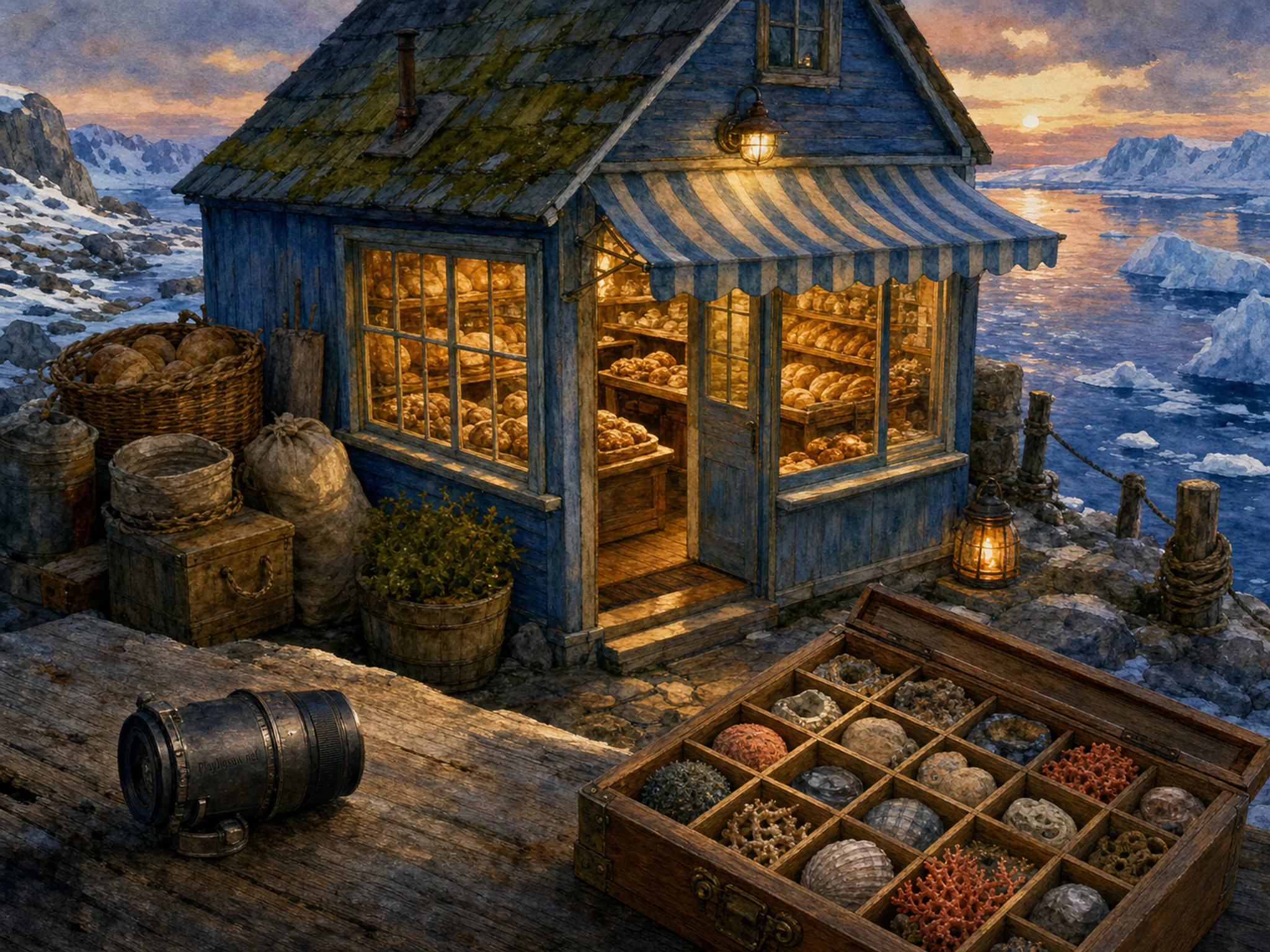 Harbor Bakery secured beside wooden specimen box in a stark polar shoreline, with layered scenery and golden lamplight at dusk.