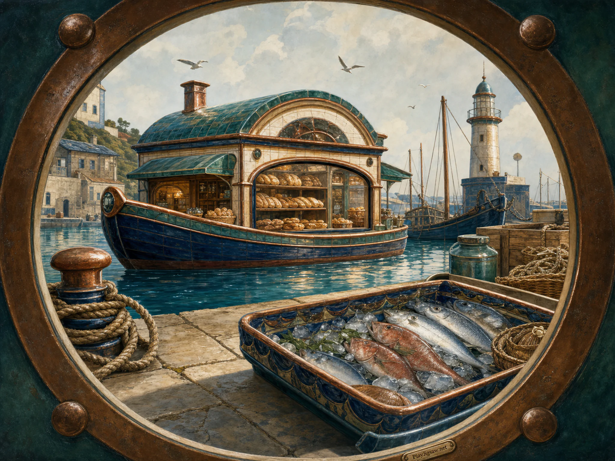 Harbor Bakery gliding beyond ceramic fish market tray in a rope-lined working quay, with layered scenery and bright diffused window light.