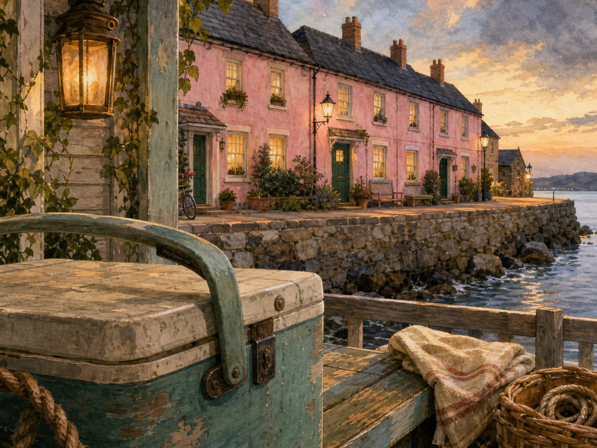 pink row houses seen beyond a painted cooler box in a stone breakwater beside a familiar street of pink row houses, with familiar objects and warm lamplight at dusk.
