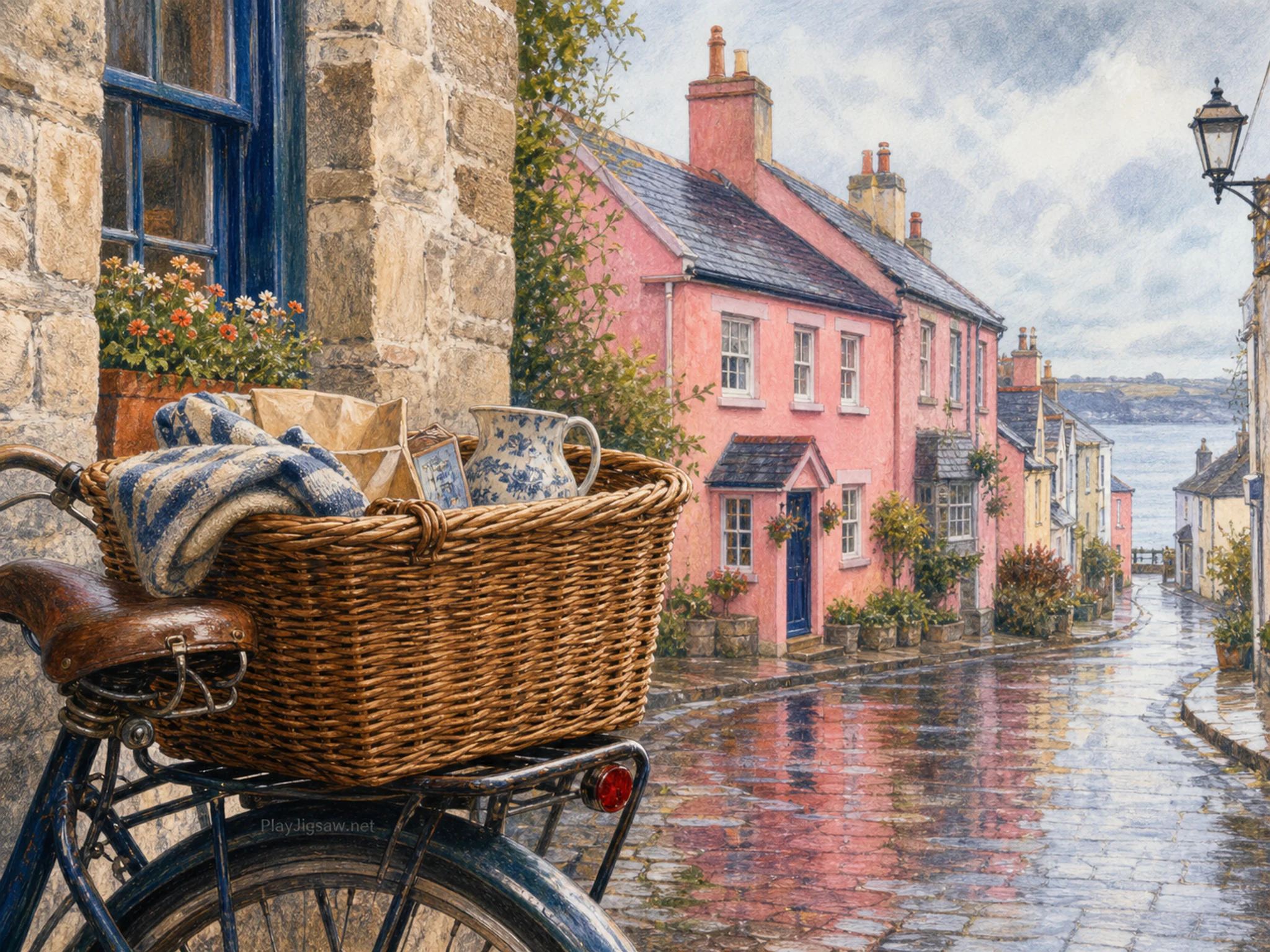 pink row houses seen beyond a wicker shopping basket in a narrow seaside street of familiar pink row houses, with familiar objects and gentle rain with crisp reflections.