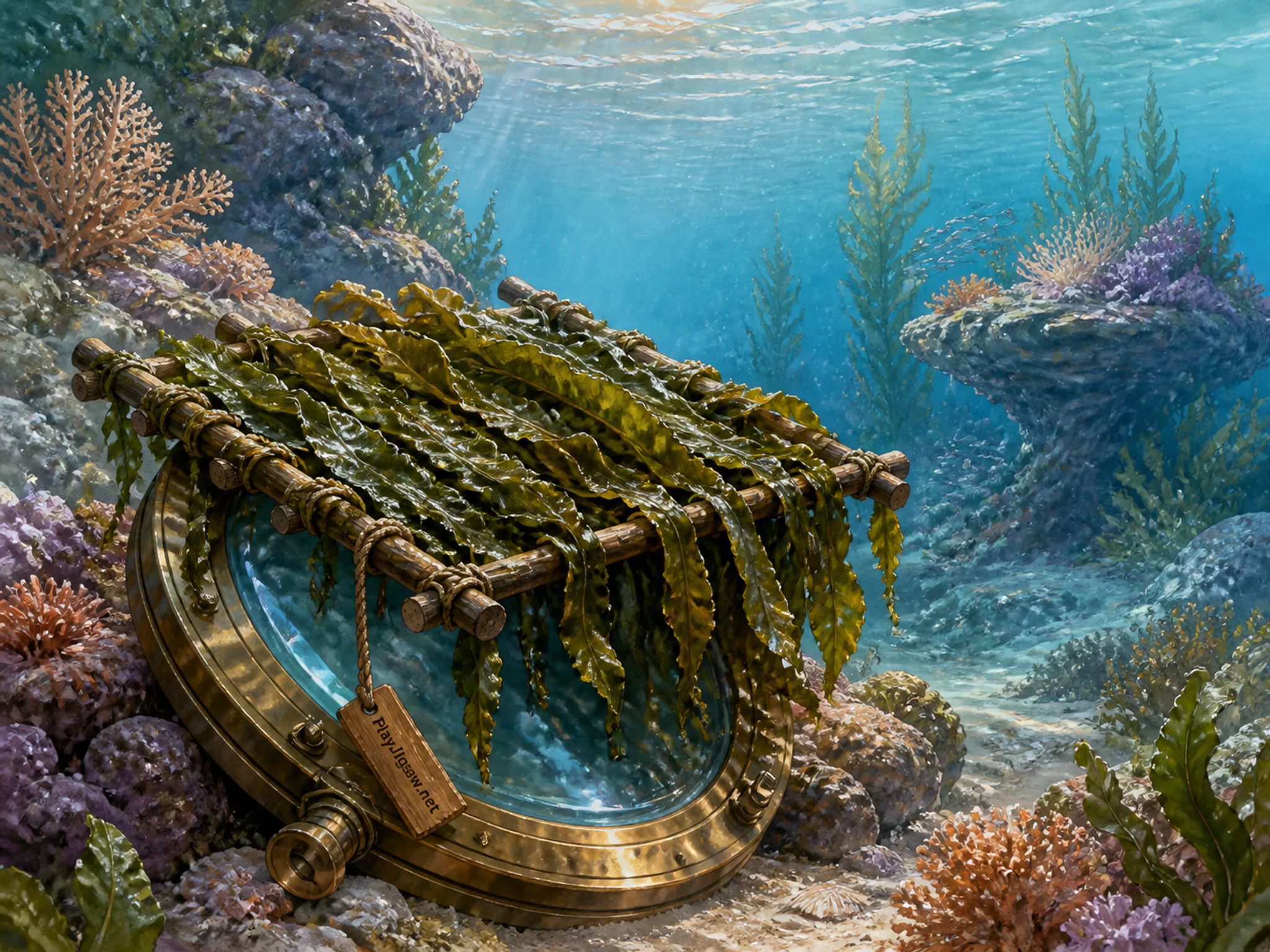 Seaweed Farm resting against polished brass lens in a clear underwater reef, with layered scenery and gentle rain with crisp reflections.