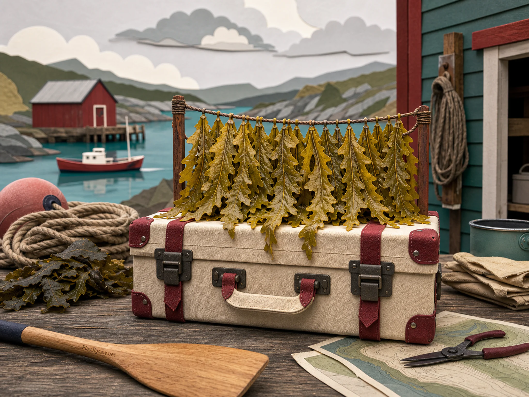 Seaweed Farm shining above canvas expedition case in a practical marine field station, with layered scenery and soft overcast afternoon.