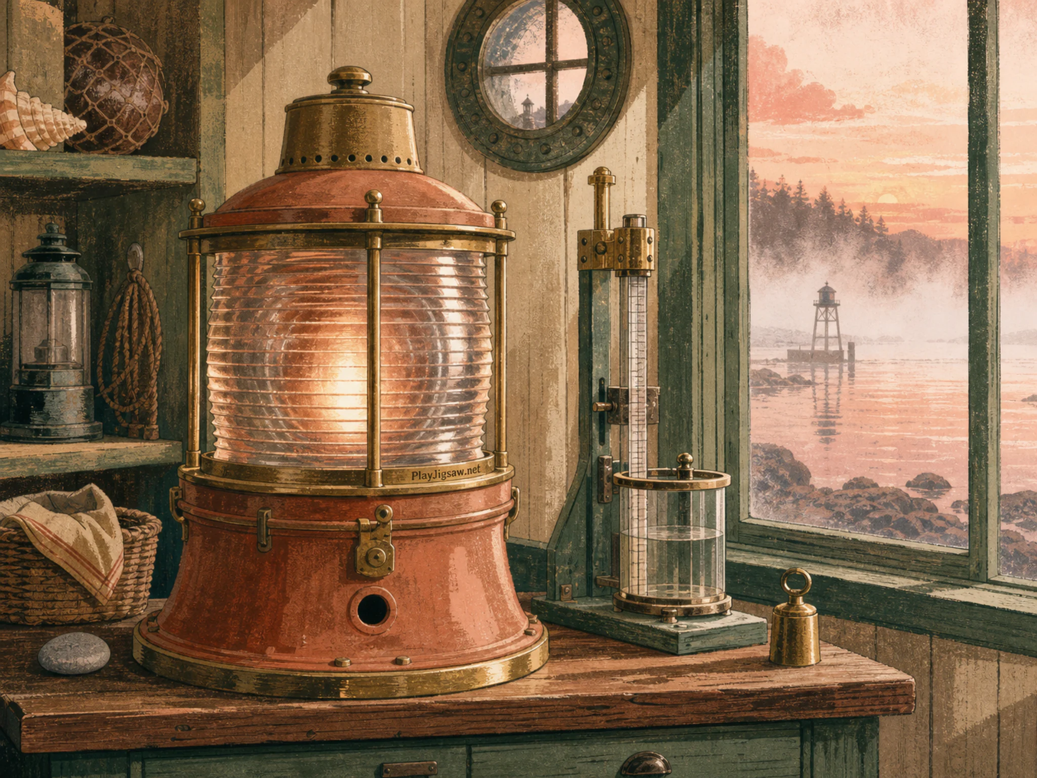 Fog Beacon secured beside precision tide gauge in a practical marine field station, with layered scenery and calm misty dawn.