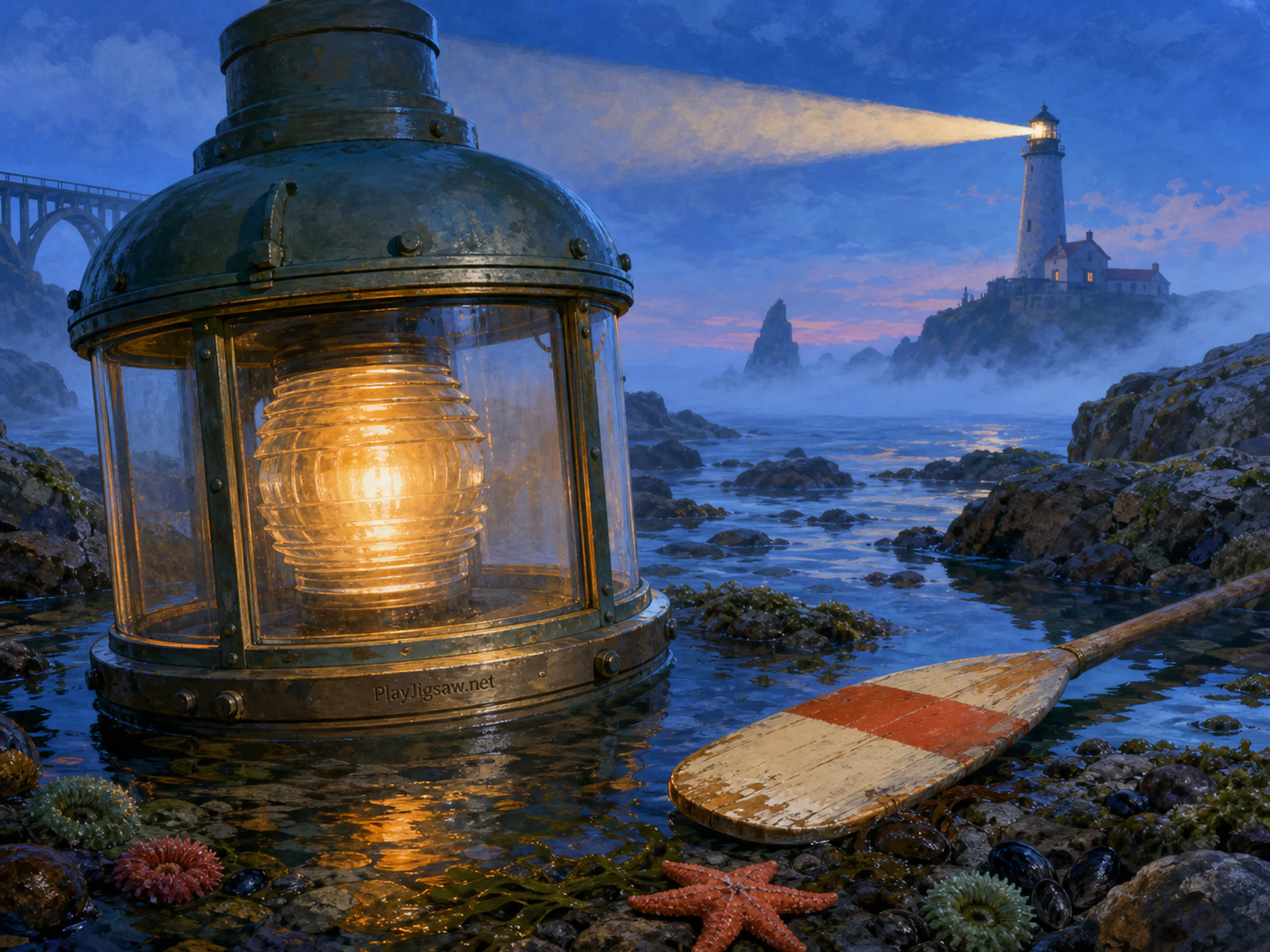 Fog Beacon gliding beyond painted paddle in a shallow rocky tide pool, with layered scenery and cool blue-hour light.