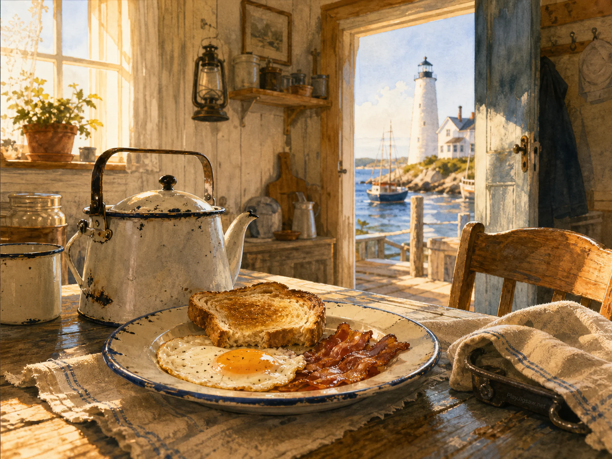 keeper breakfast seen beyond an enamel breakfast kettle in a lighthouse keeper cottage kitchen with a harbor view, with familiar objects and golden kitchen-window light.