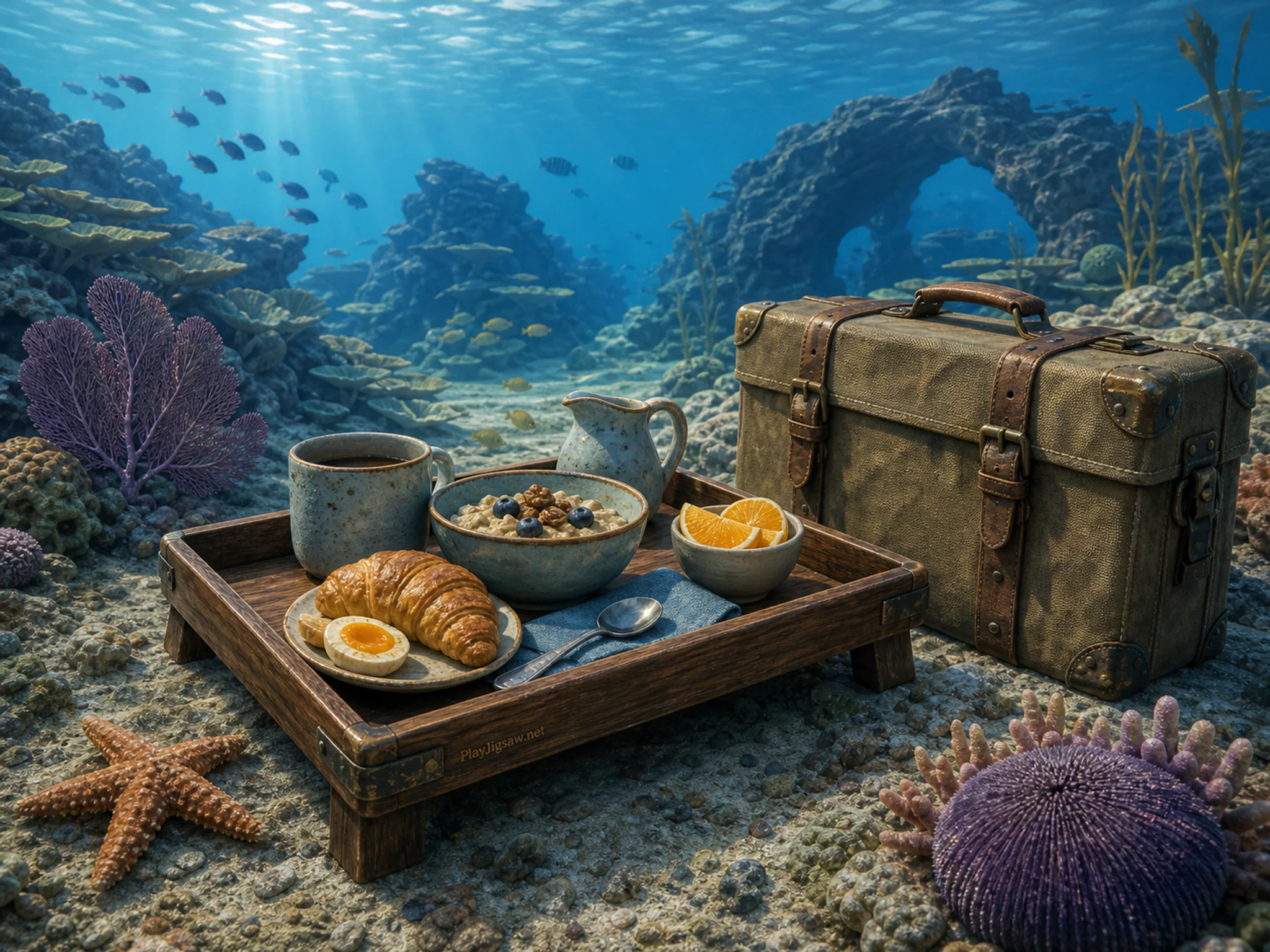 Keeper Breakfast being cataloged near canvas expedition case in a clear underwater reef, with layered scenery and cool blue-hour light.