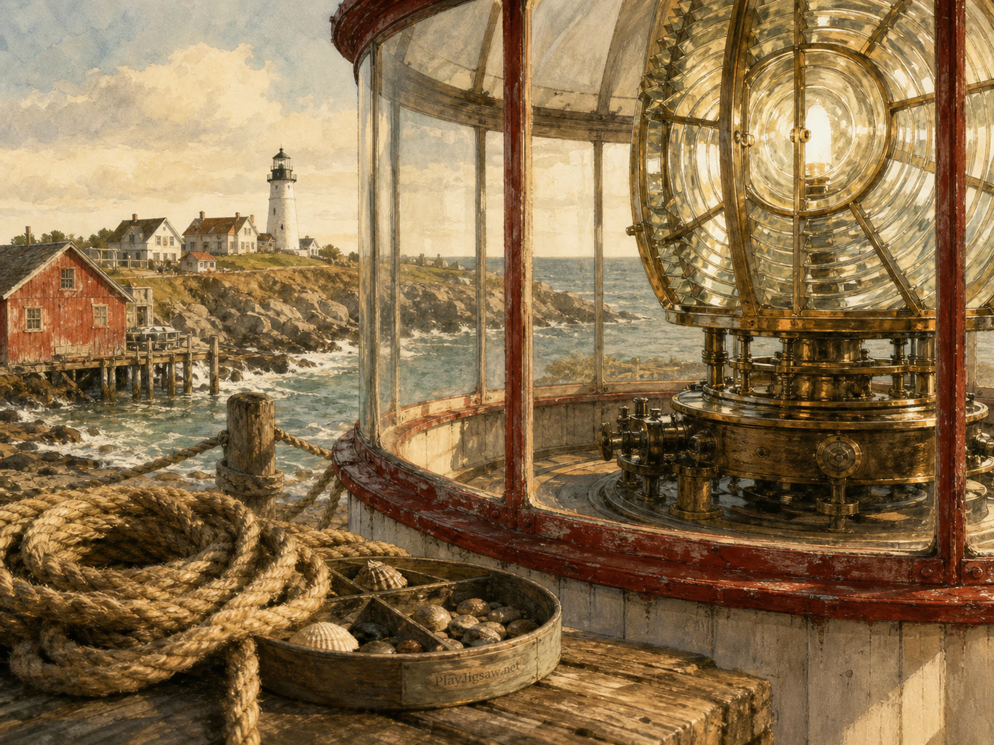 Lens Room cutting across coiled harbor rope in a rope-lined working quay, with layered scenery and warm late-day sunlight.