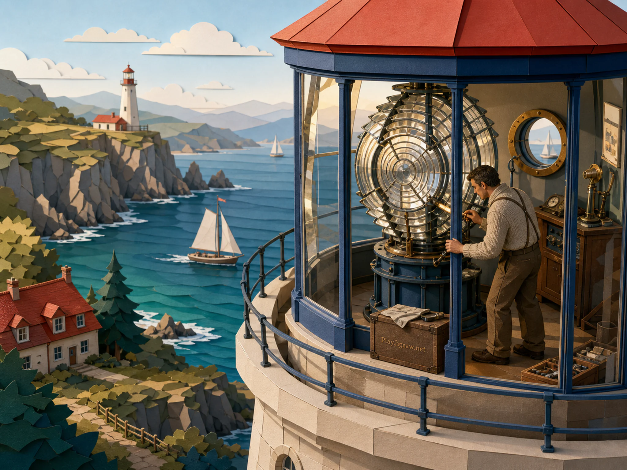 Lens Room being calibrated beside small observation viewport in a layered sailing bay, with layered scenery and clear early morning light.