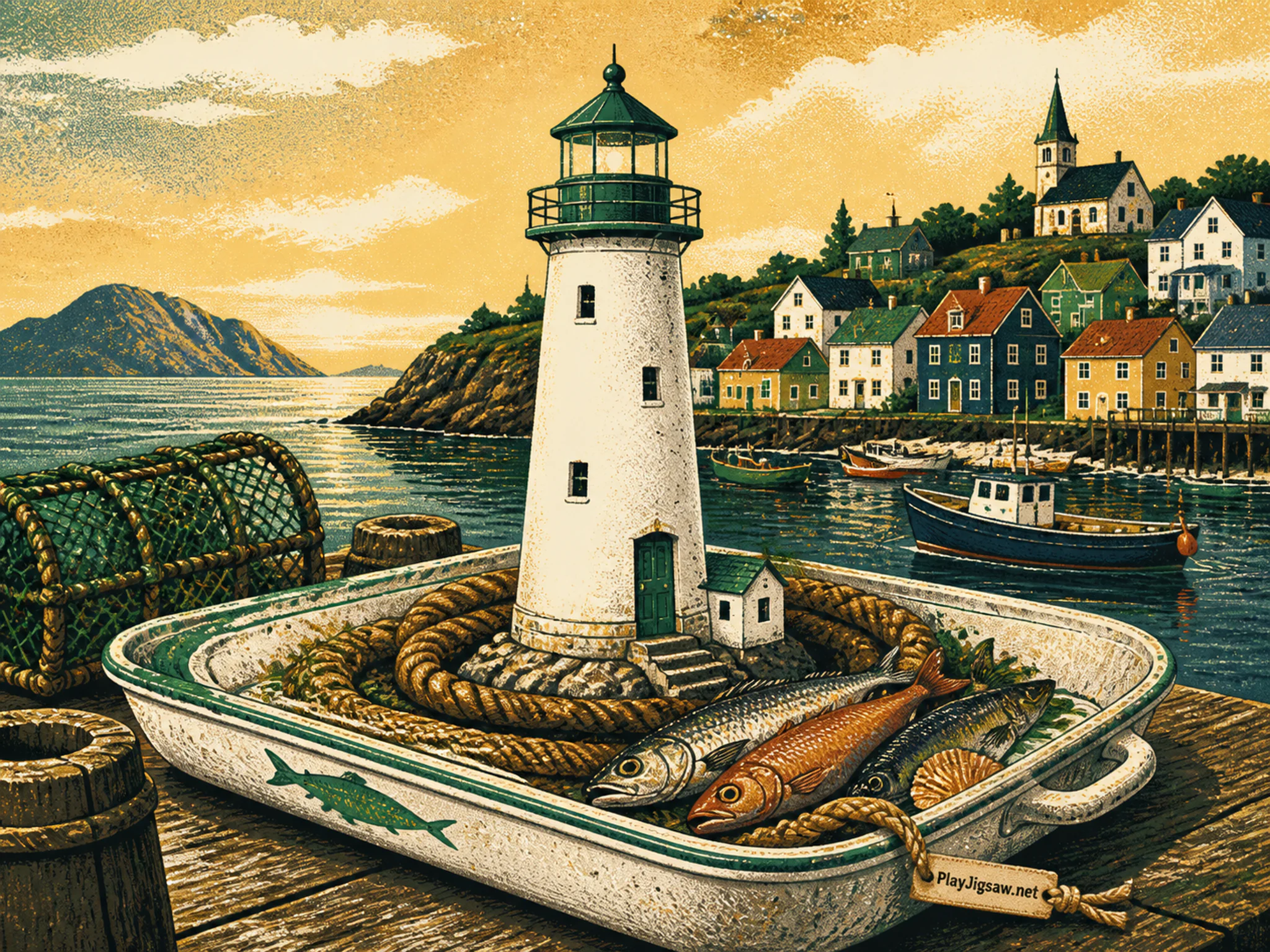 White Lighthouse resting against ceramic fish market tray in a colorful coastal settlement, with layered scenery and warm late-day sunlight.