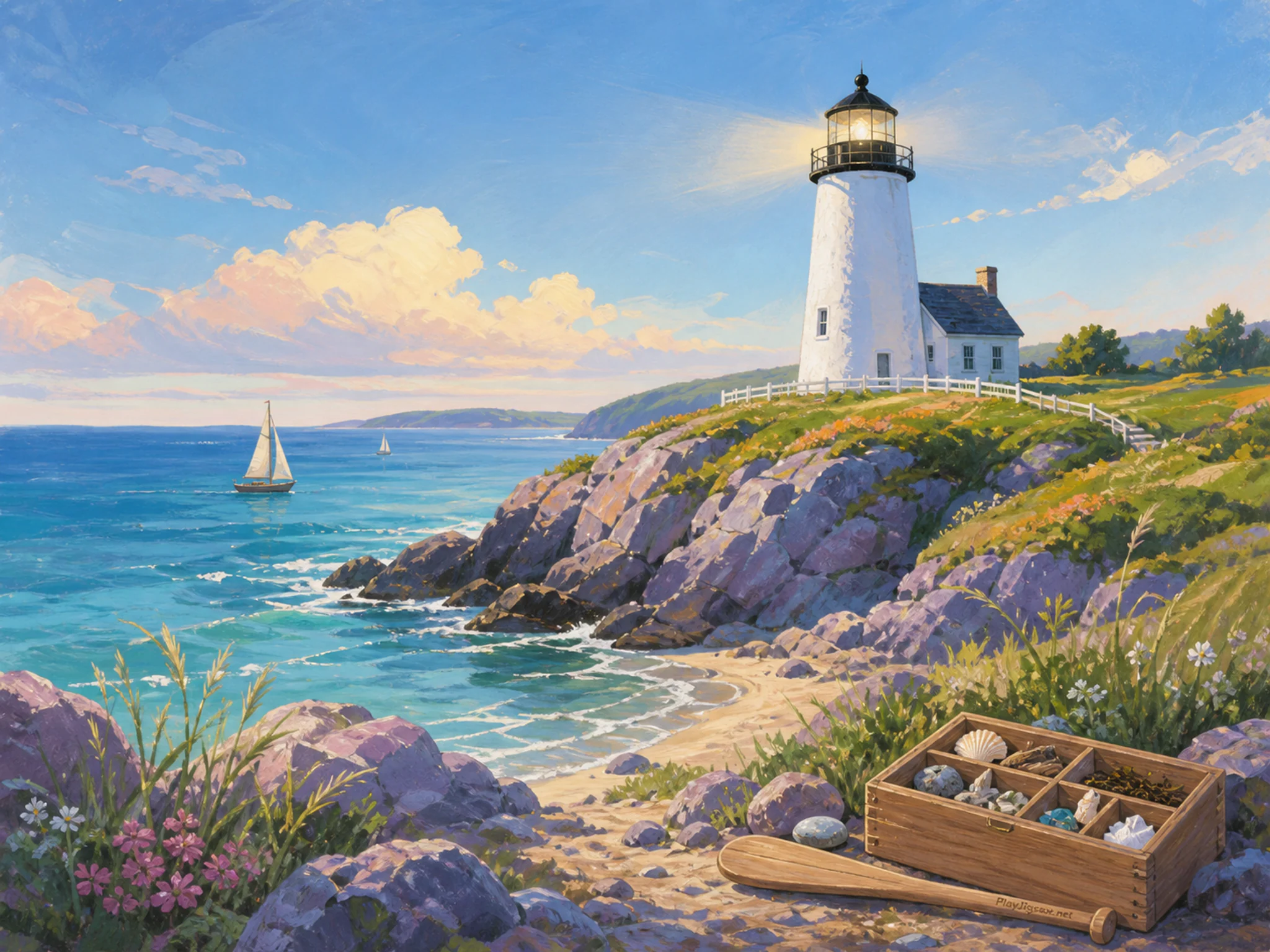 White Lighthouse shining above wooden specimen box in a wind-bright beacon headland, with layered scenery and clear early morning light.