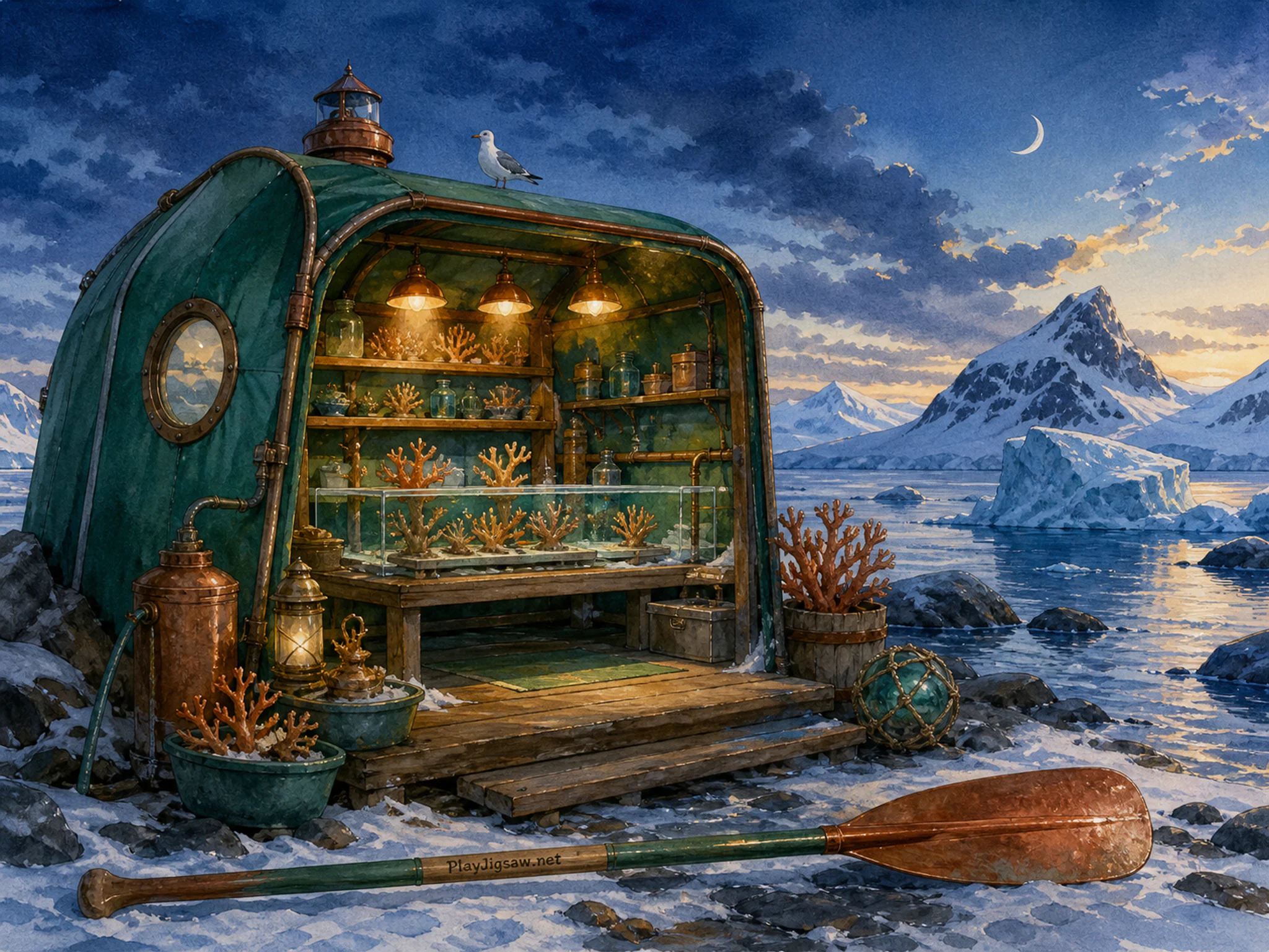 Coral Care Station opening onto painted paddle in a stark polar shoreline, with layered scenery and cool blue-hour light.