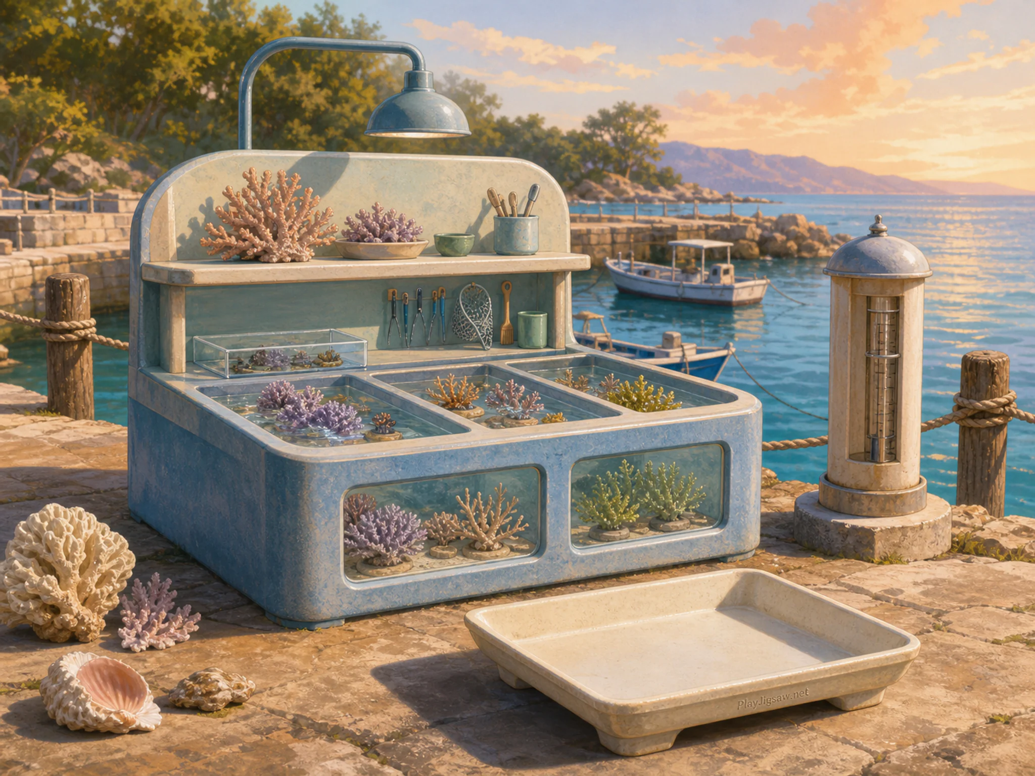 Coral Care Station being cataloged near precision tide gauge in a rope-lined working quay, with layered scenery and warm late-day sunlight.