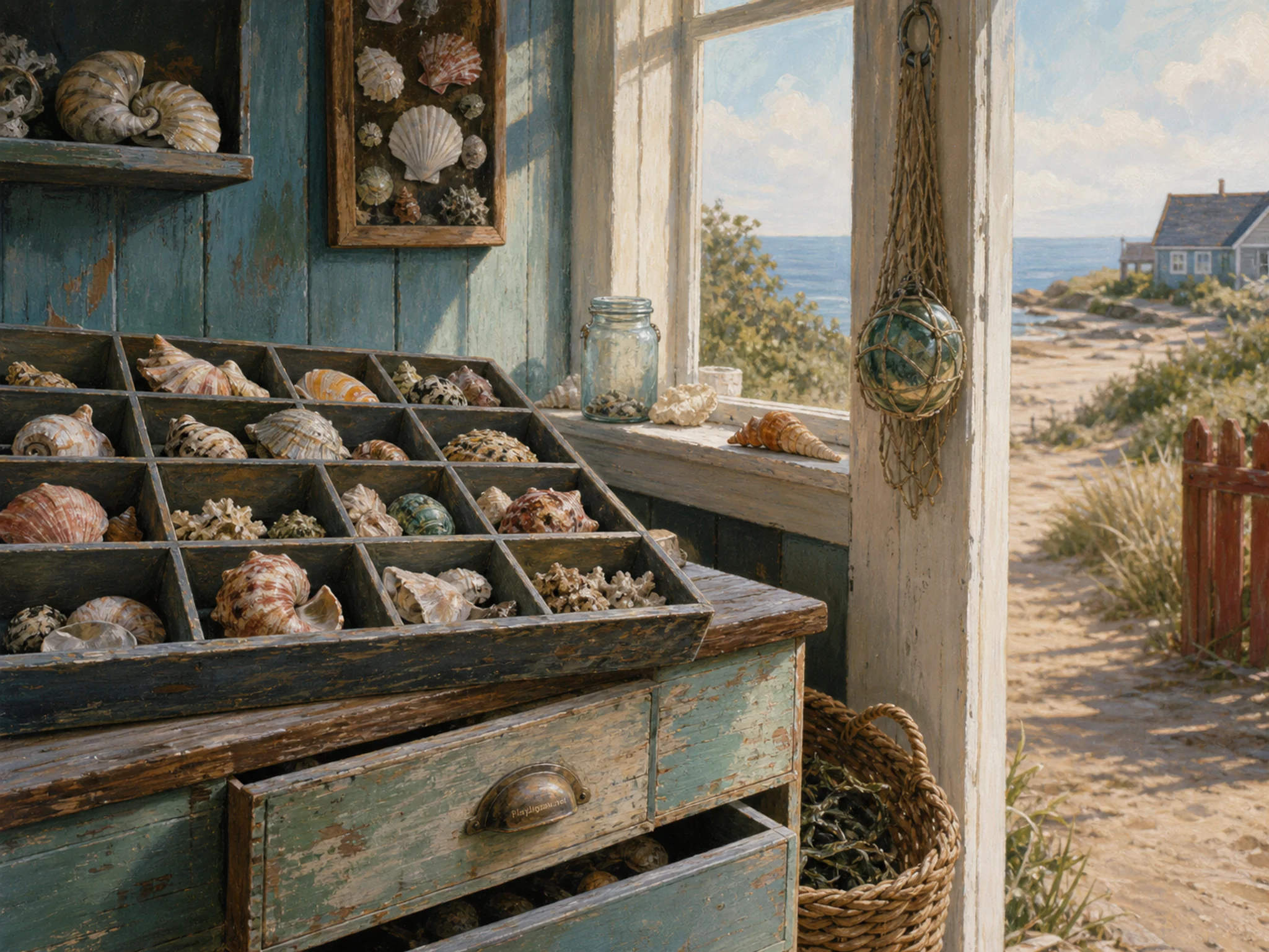 shell archive seen beyond a shallow specimen tray in a weathered beach-hut shell archive beside a sandy footpath, with familiar objects and clear early-morning light.