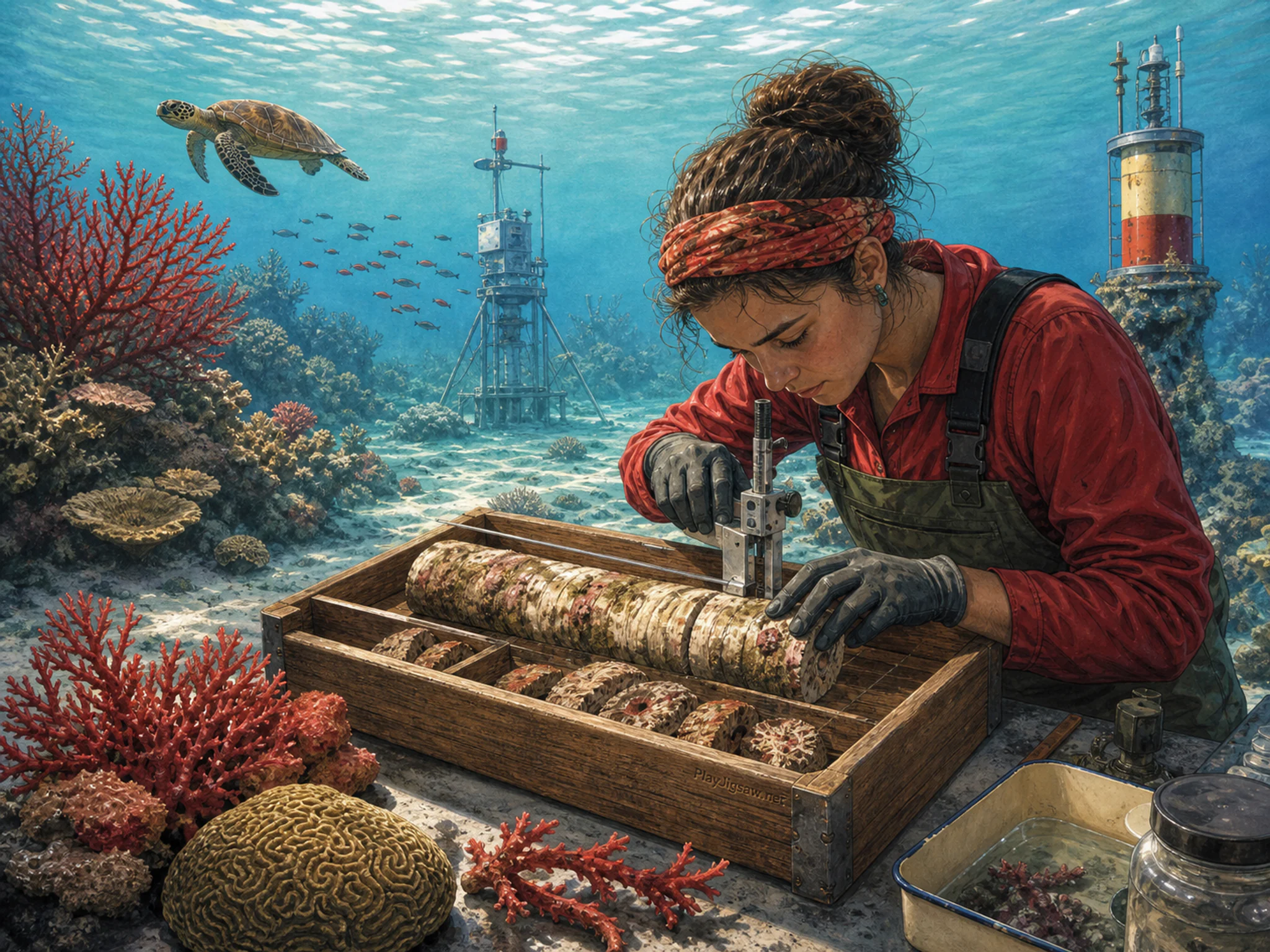 Tide Gauge Lab cutting across wooden specimen box in a clear underwater reef, with layered scenery and clear early morning light.