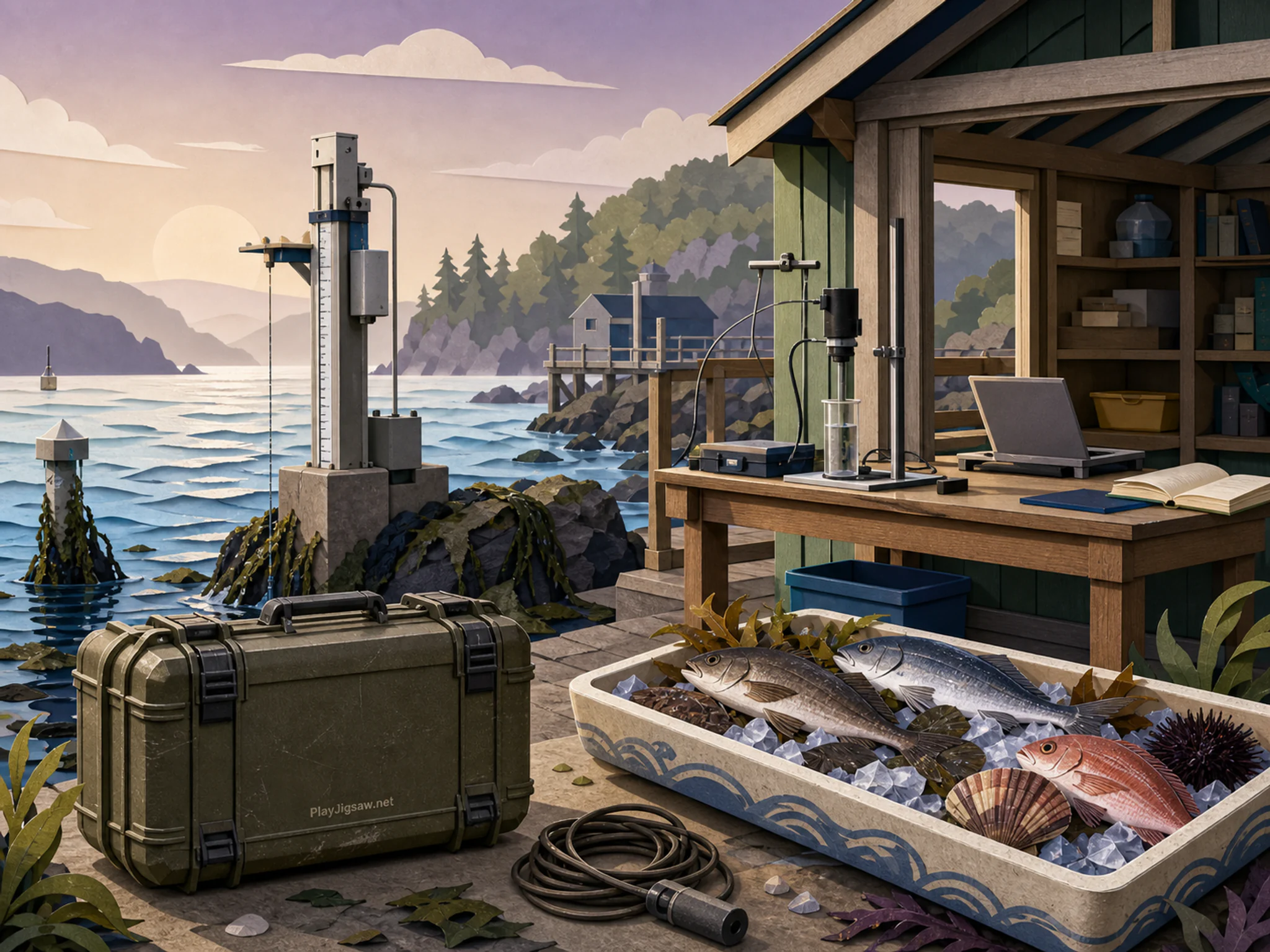 Tide Gauge Lab being calibrated beside ceramic fish market tray in a practical marine field station, with layered scenery and calm misty dawn.