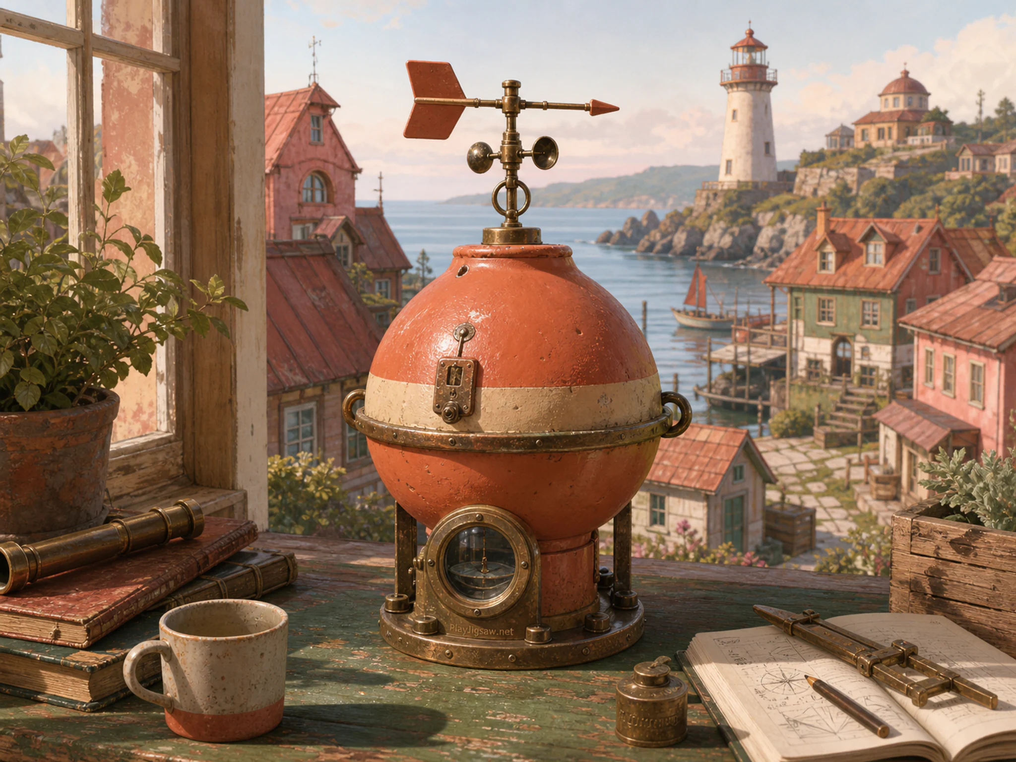 Weather Buoy Desk shining above small observation viewport in a colorful coastal settlement, with layered scenery and clear early morning light.