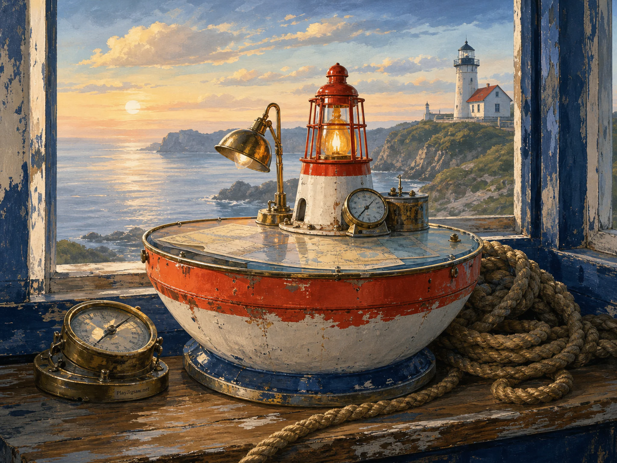 Weather Buoy Desk resting against coiled harbor rope in a wind-bright beacon headland, with layered scenery and calm misty dawn.
