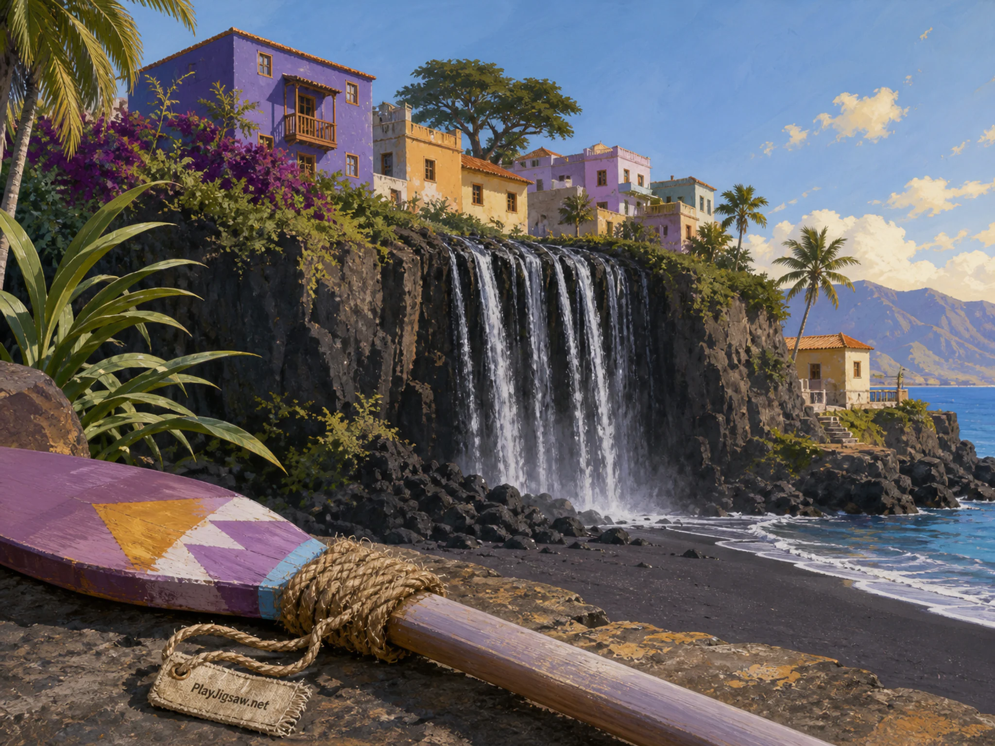 Black Sand Falls secured beside painted paddle in a colorful coastal settlement, with layered scenery and clear early morning light.