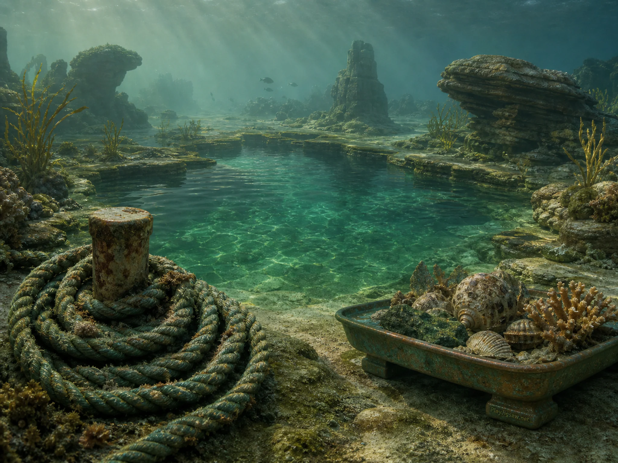 Emerald Lagoon being calibrated beside coiled harbor rope in a clear underwater reef, with layered scenery and calm misty dawn.