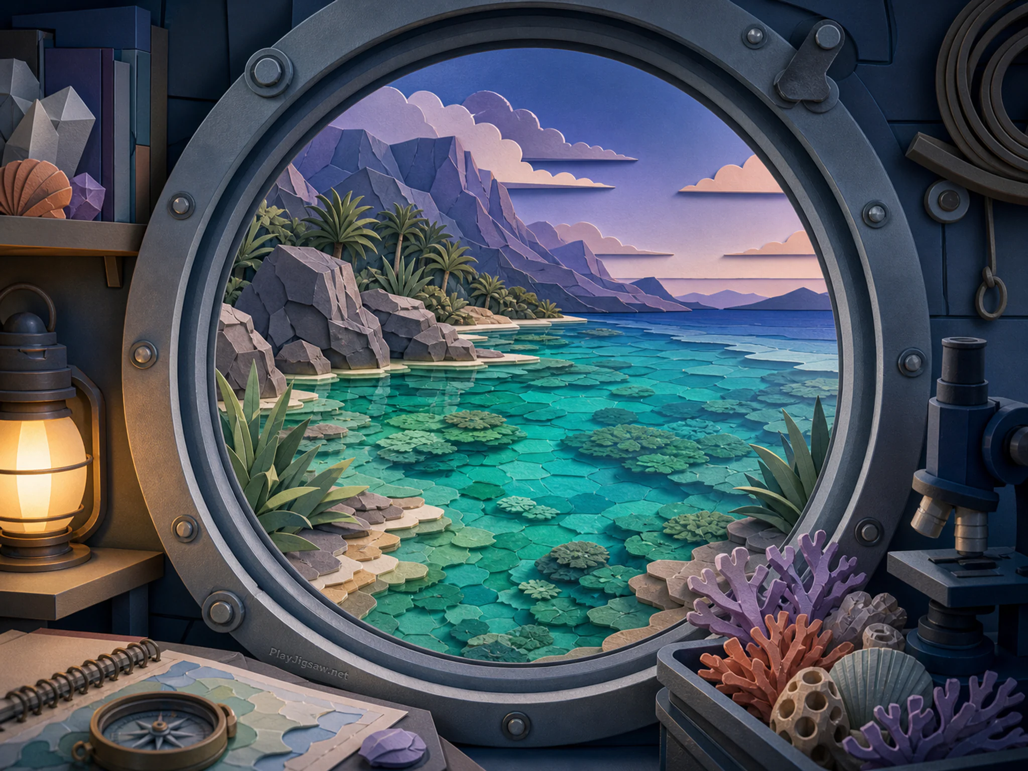 Emerald Lagoon cutting across small observation viewport in a practical marine field station, with layered scenery and cool blue-hour light.