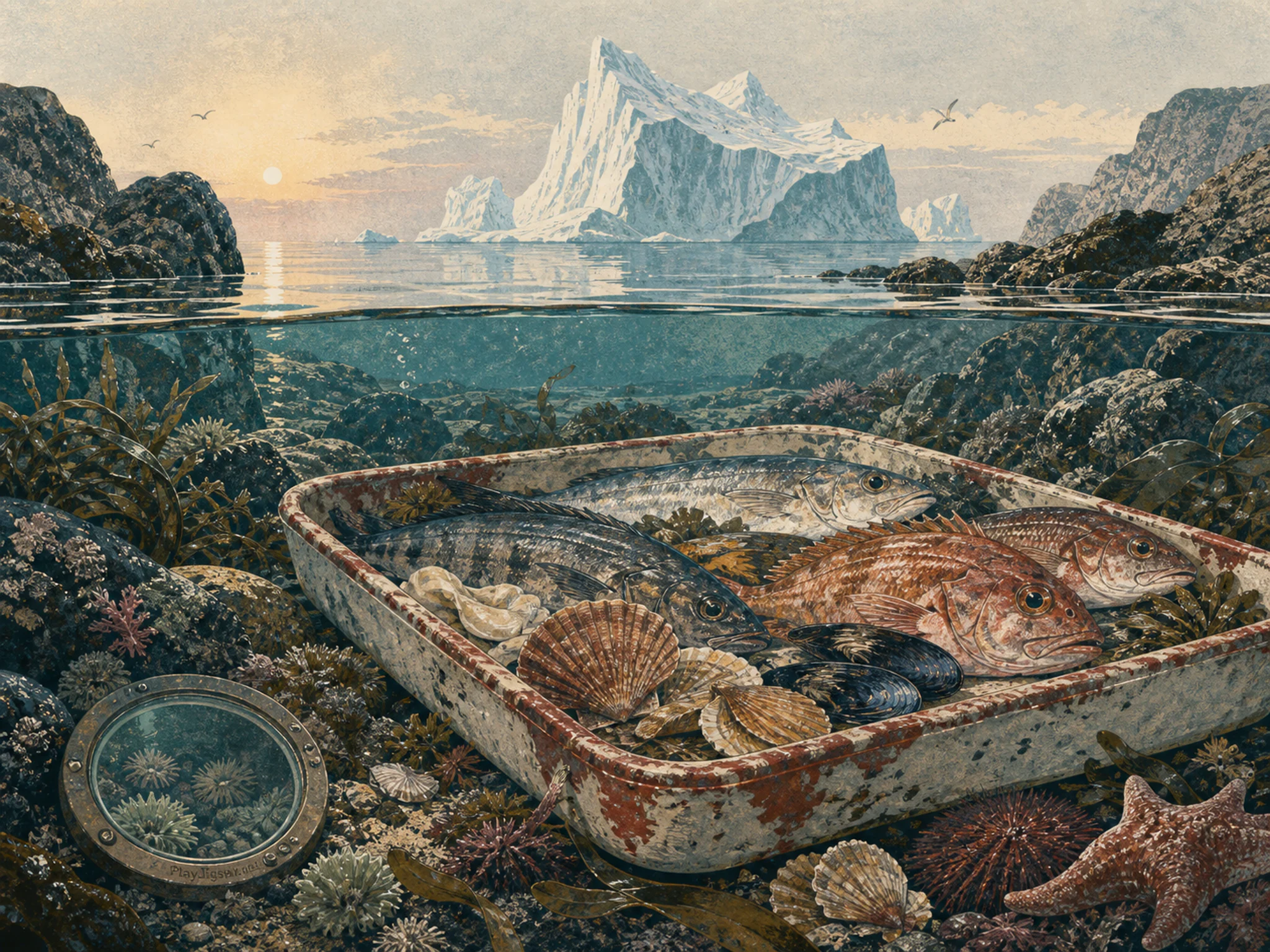 Iceberg Cove shining above ceramic fish market tray in a shallow rocky tide pool, with layered scenery and calm misty dawn.