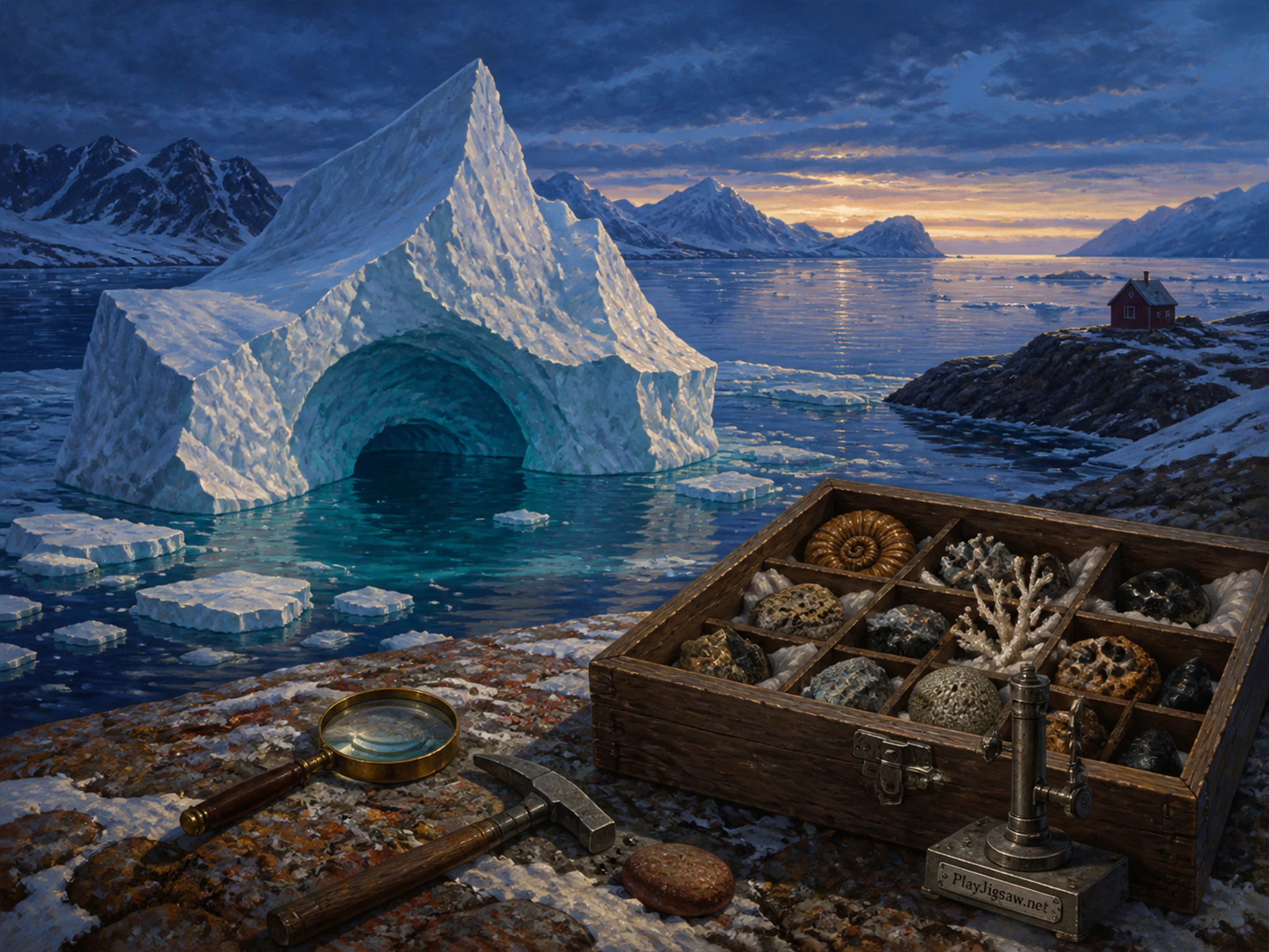 Iceberg Cove resting against wooden specimen box in a stark polar shoreline, with layered scenery and cool blue-hour light.