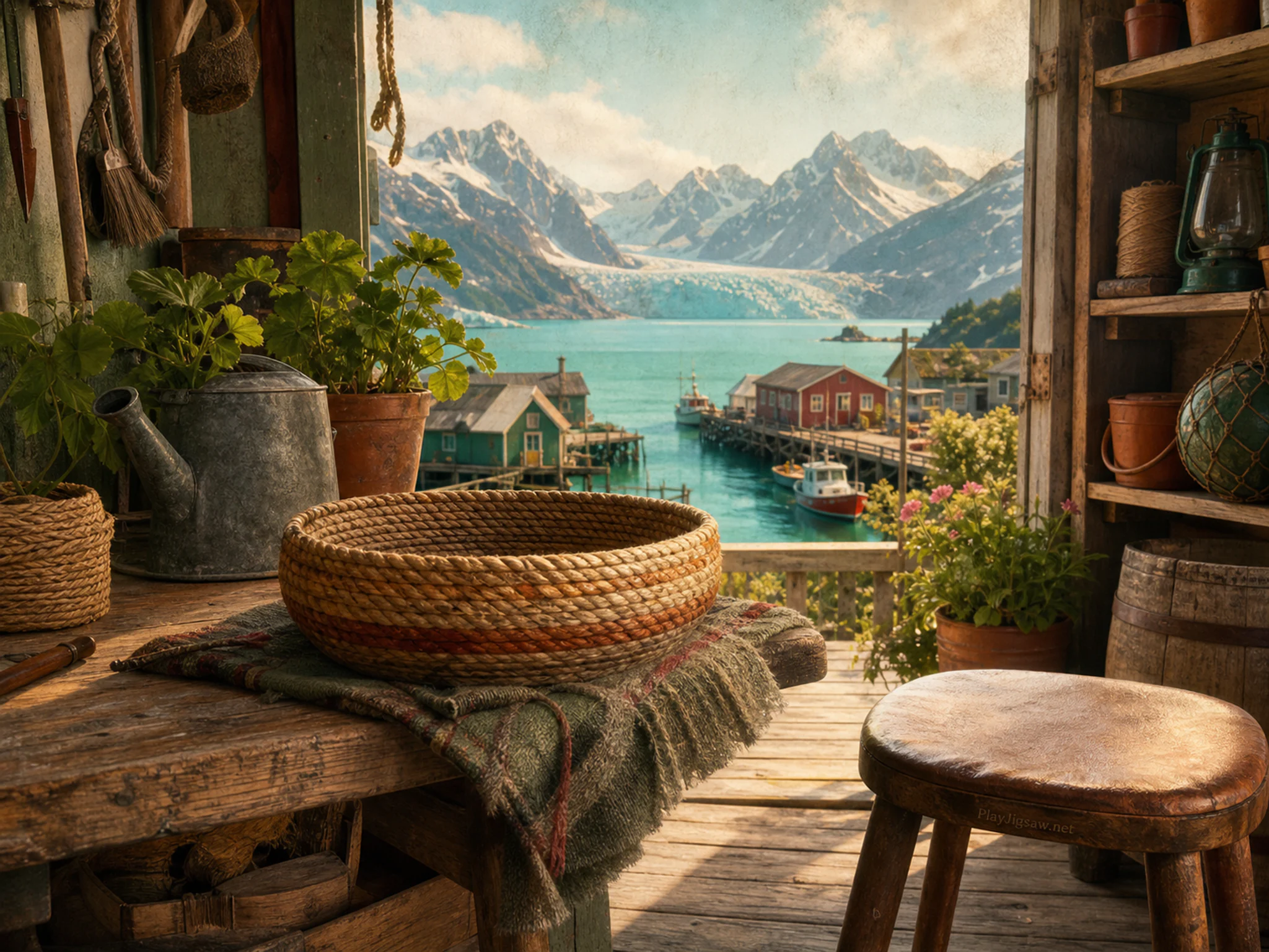 turquoise glacier bay seen beyond a shallow rope basket in a northern fishing-village porch overlooking a turquoise glacier bay, with familiar objects and warm late-day sunlight.