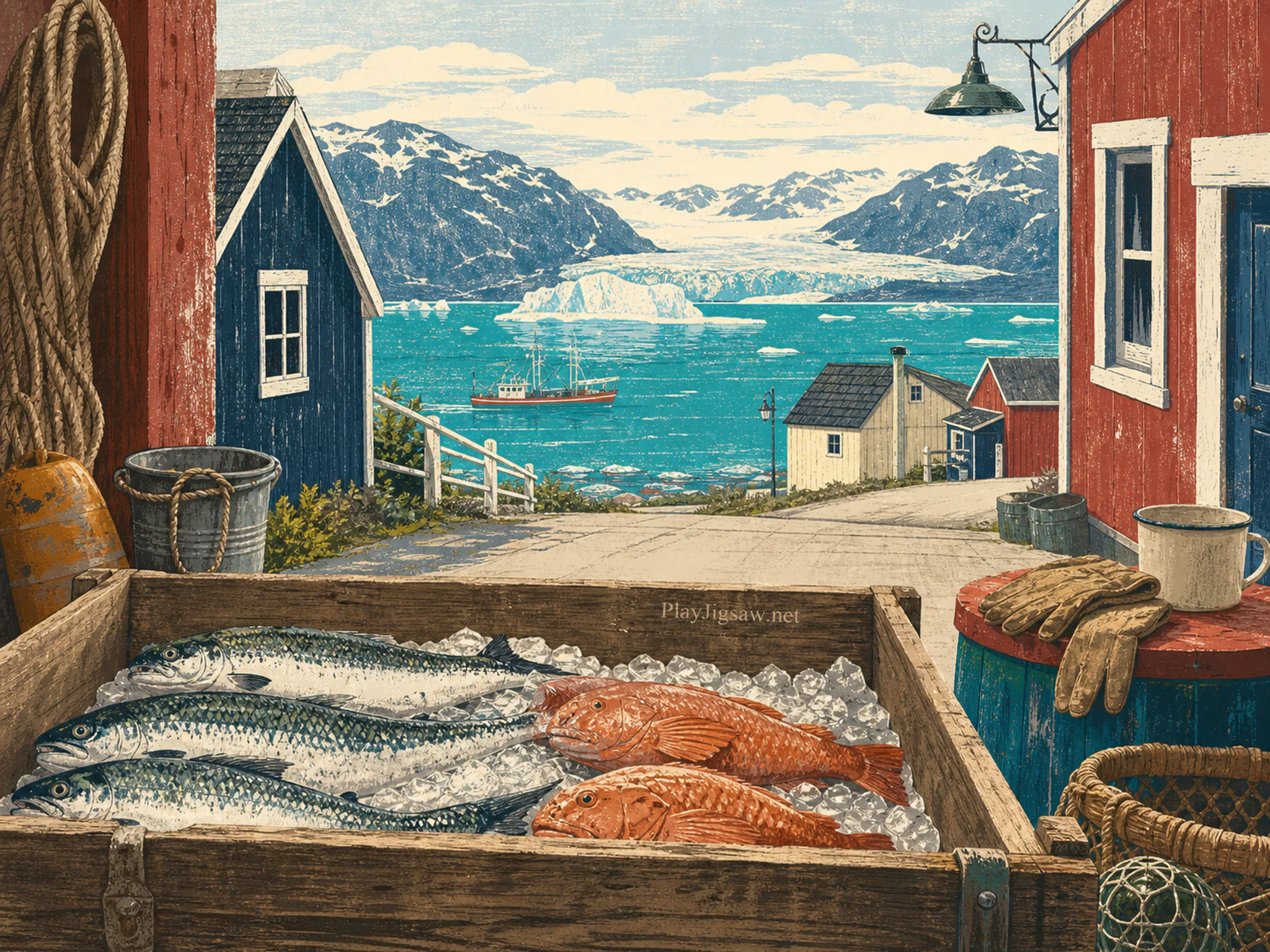 turquoise glacier bay seen beyond a wooden fish crate without labels in a northern working harbor overlooking a turquoise glacier bay, with familiar objects and bright diffused.