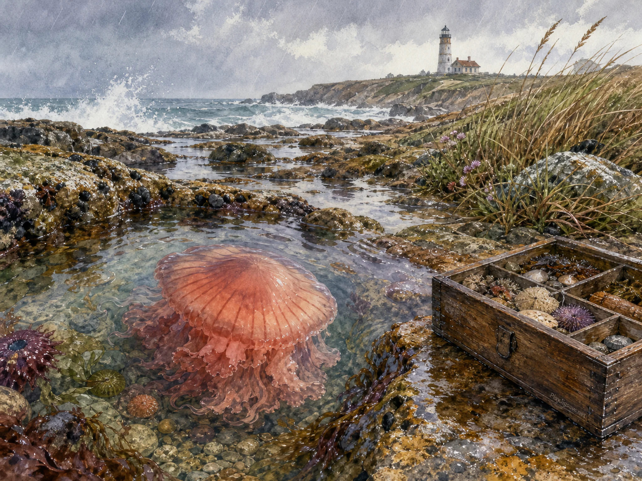 Coral Bell Pool gliding beyond wooden specimen box in a wind-bright beacon headland, with layered scenery and gentle rain with crisp reflections.