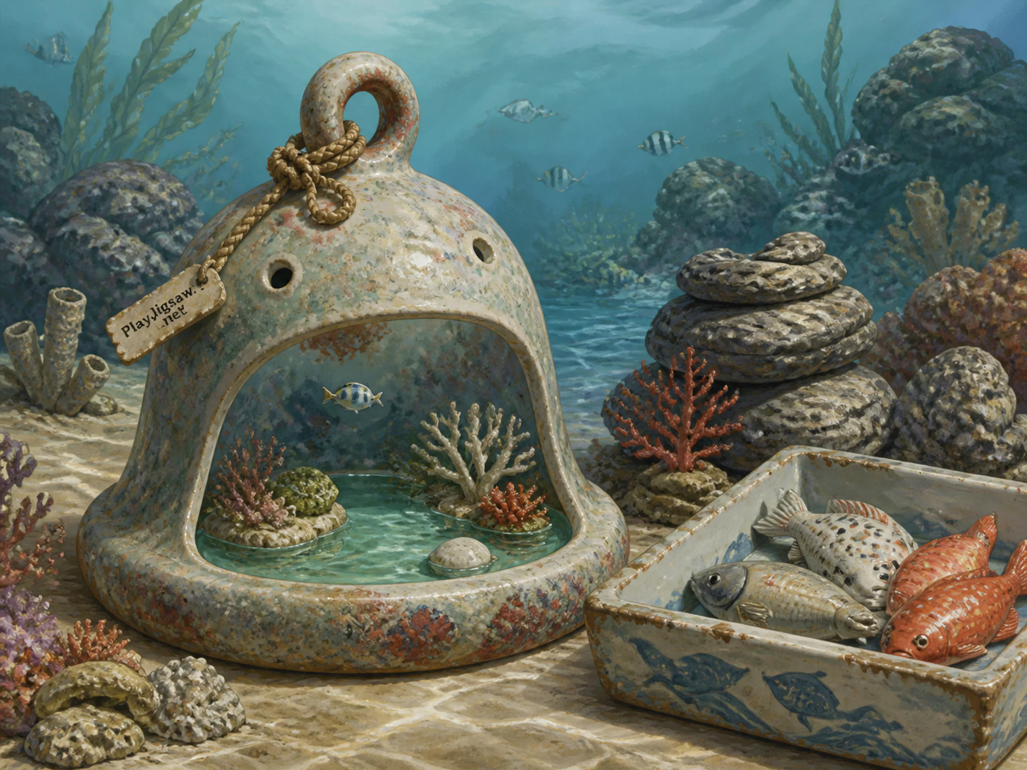Coral Bell Pool secured beside ceramic fish market tray in a clear underwater reef, with layered scenery and soft overcast afternoon.