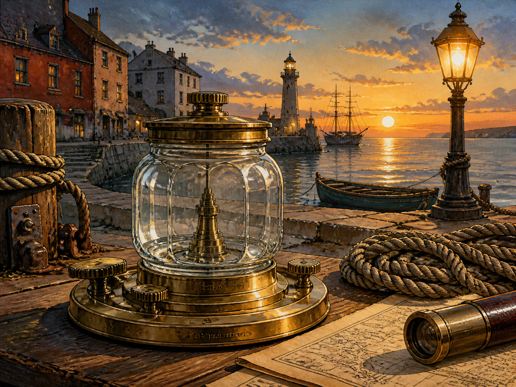 Glass Jar Survey shining above polished brass lens in a rope-lined working quay, with layered scenery and golden lamplight at dusk.
