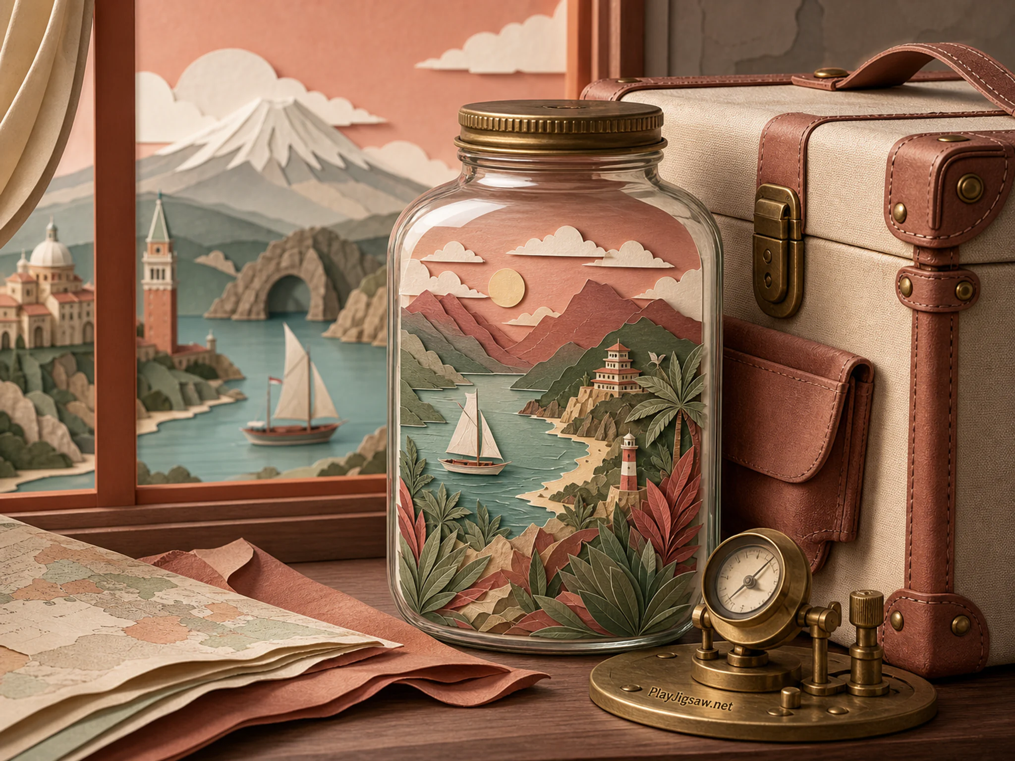 Glass Jar Survey resting against canvas expedition case in a layered sailing bay, with layered scenery and bright diffused window light.