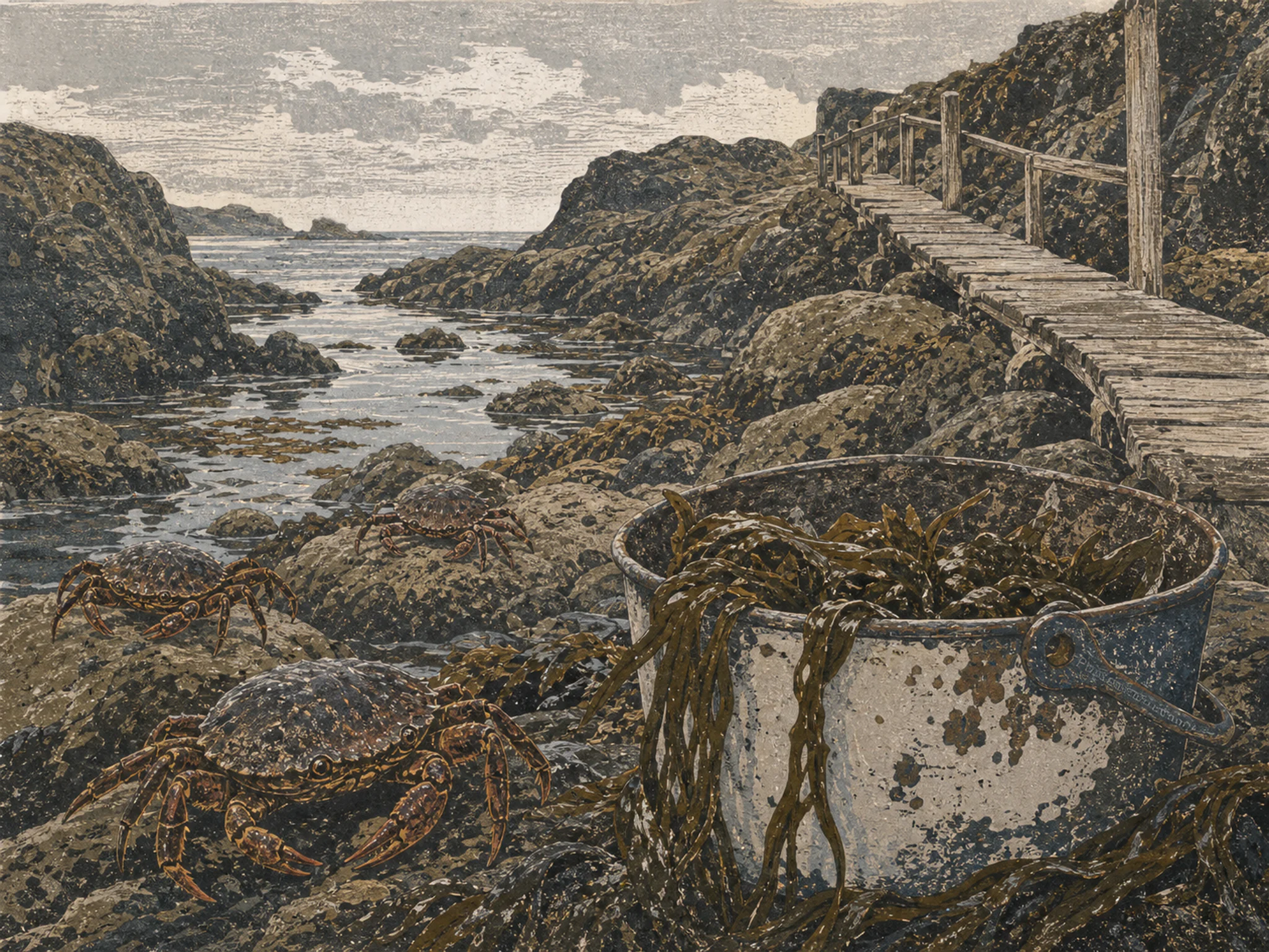 rock crab cove seen beyond a small enamel bucket in a familiar rock-crab tidal cove beside a wooden footpath, with familiar objects and soft overcast afternoon.