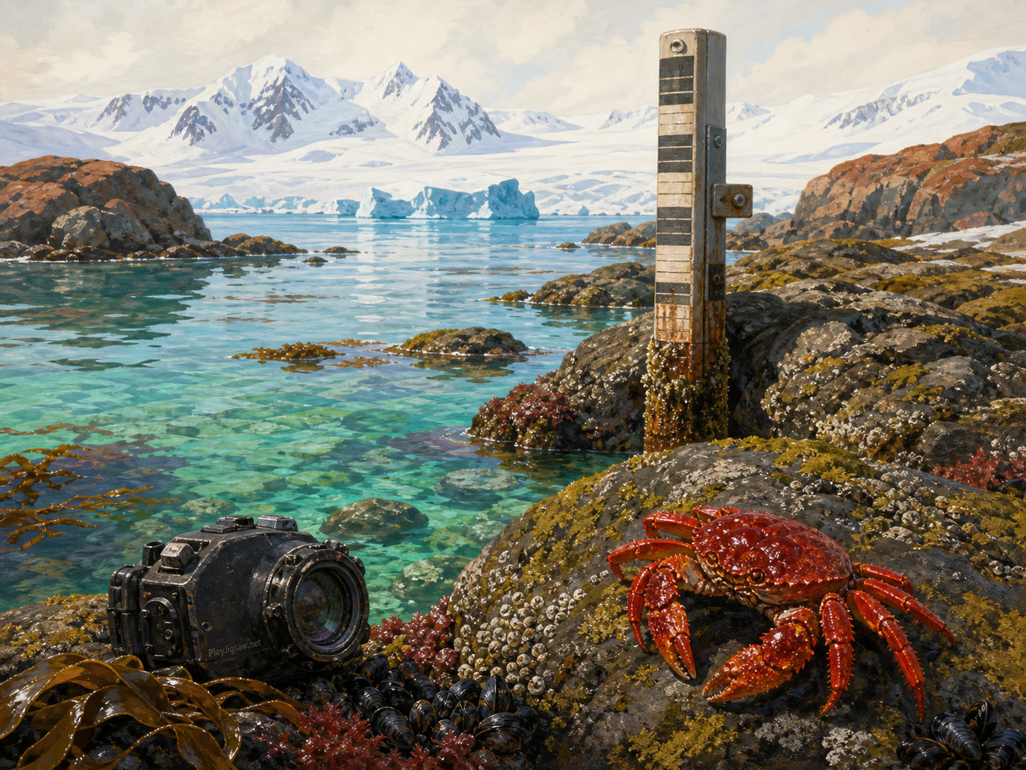 Rock Crab Cove cutting across precision tide gauge in a stark polar shoreline, with layered scenery and bright diffused window light.