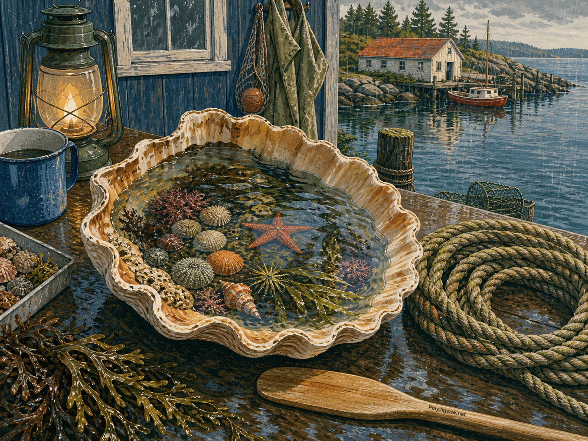 Seashell Pool opening onto coiled harbor rope in a practical marine field station, with layered scenery and gentle rain with crisp reflections.