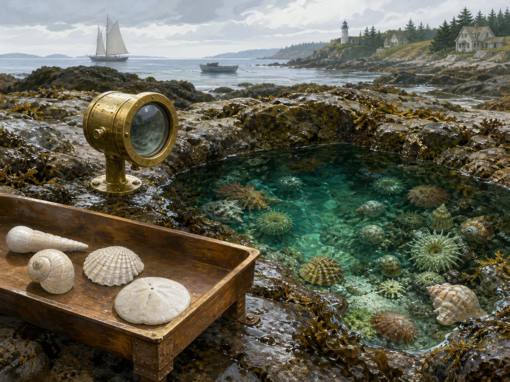 Seashell Pool being cataloged near small observation viewport in a shallow rocky tide pool, with layered scenery and soft overcast afternoon.