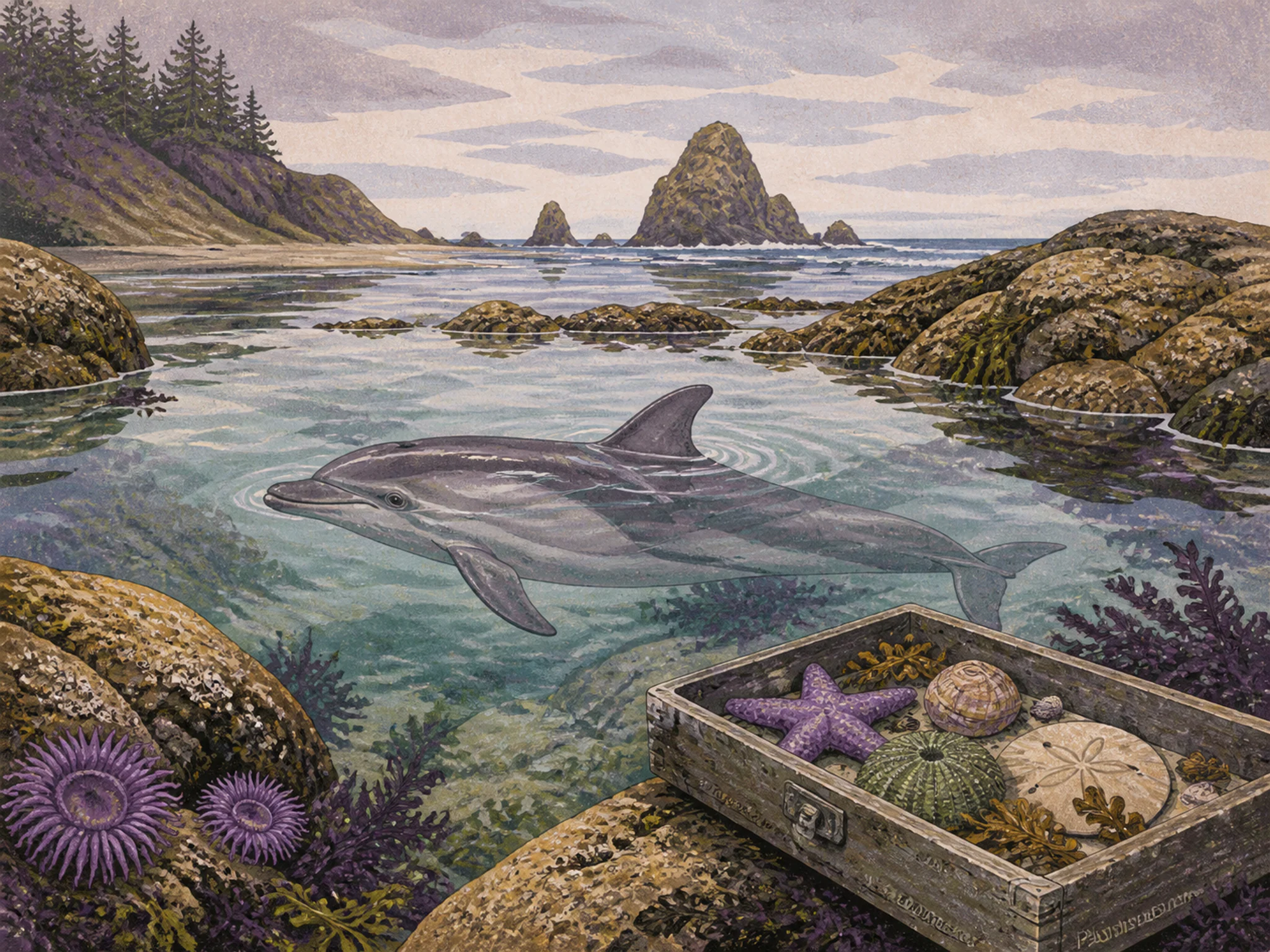 Dolphin Passage cutting across canvas expedition case in a shallow rocky tide pool, with layered scenery and soft overcast afternoon.