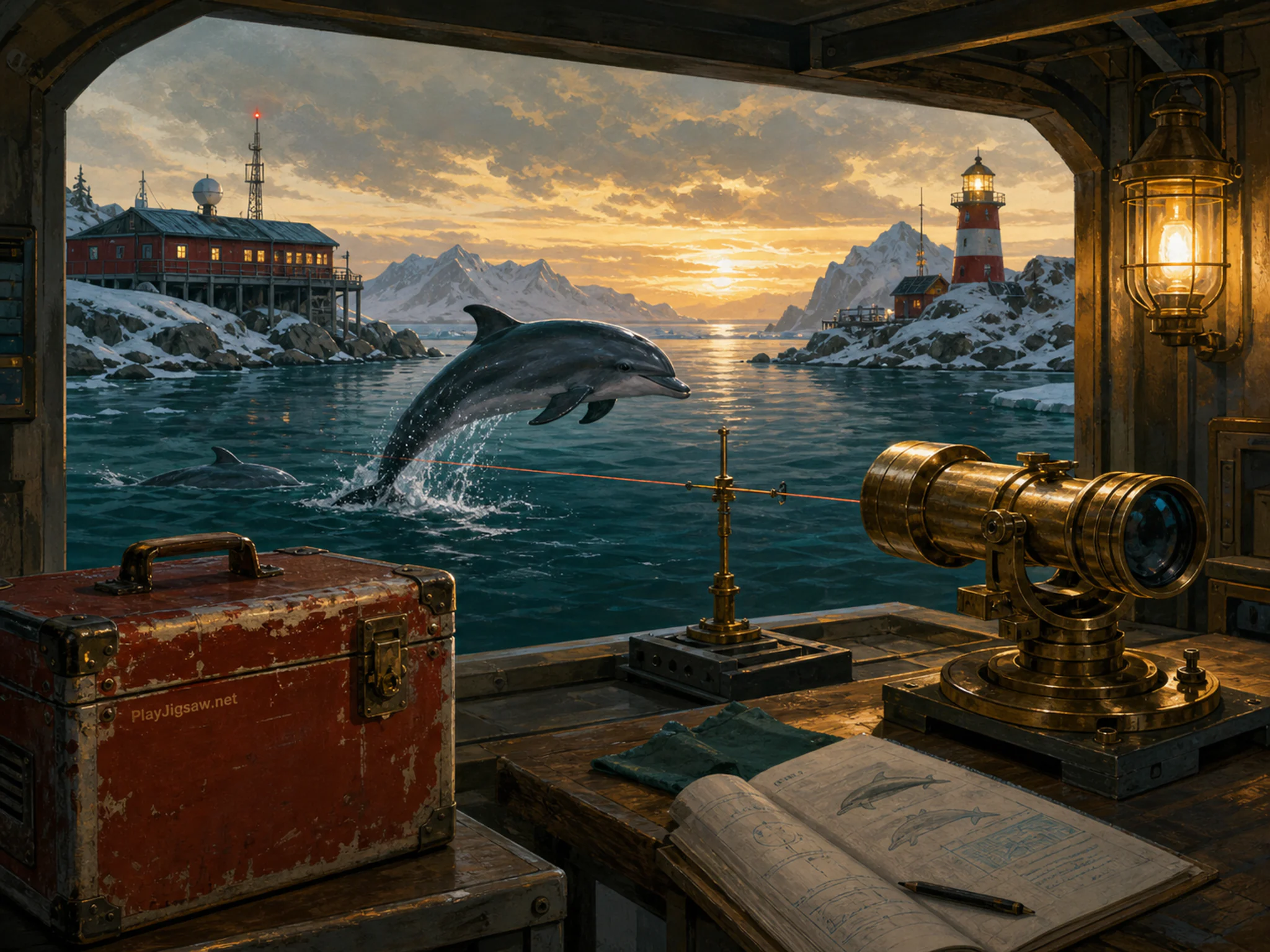 Dolphin Passage being calibrated beside polished brass lens in a stark polar shoreline, with layered scenery and golden lamplight at dusk.