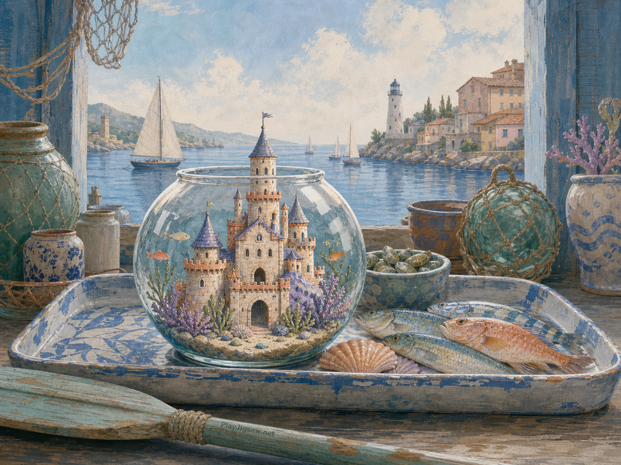 Fishbowl Castle opening onto ceramic fish market tray in a layered sailing bay, with layered scenery and bright diffused window light.