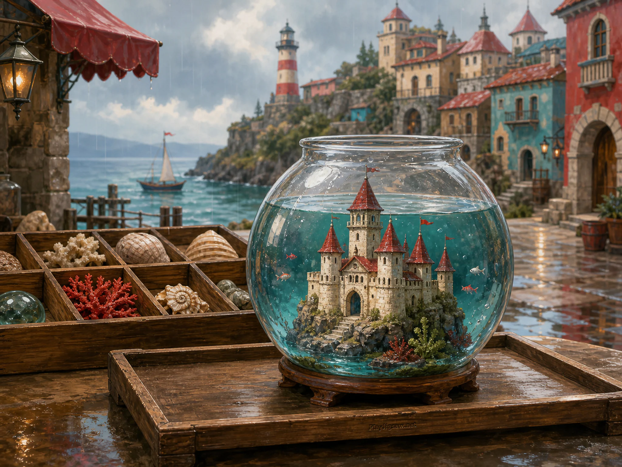 Fishbowl Castle being cataloged near wooden specimen box in a colorful coastal settlement, with layered scenery and gentle rain with crisp reflections.