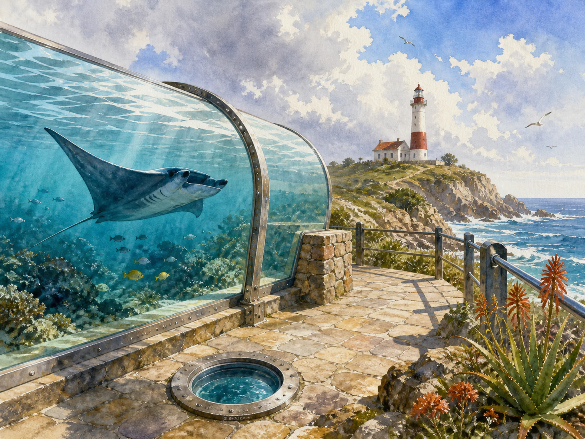 Manta Tunnel secured beside small observation viewport in a wind-bright beacon headland, with layered scenery and bright diffused window light.