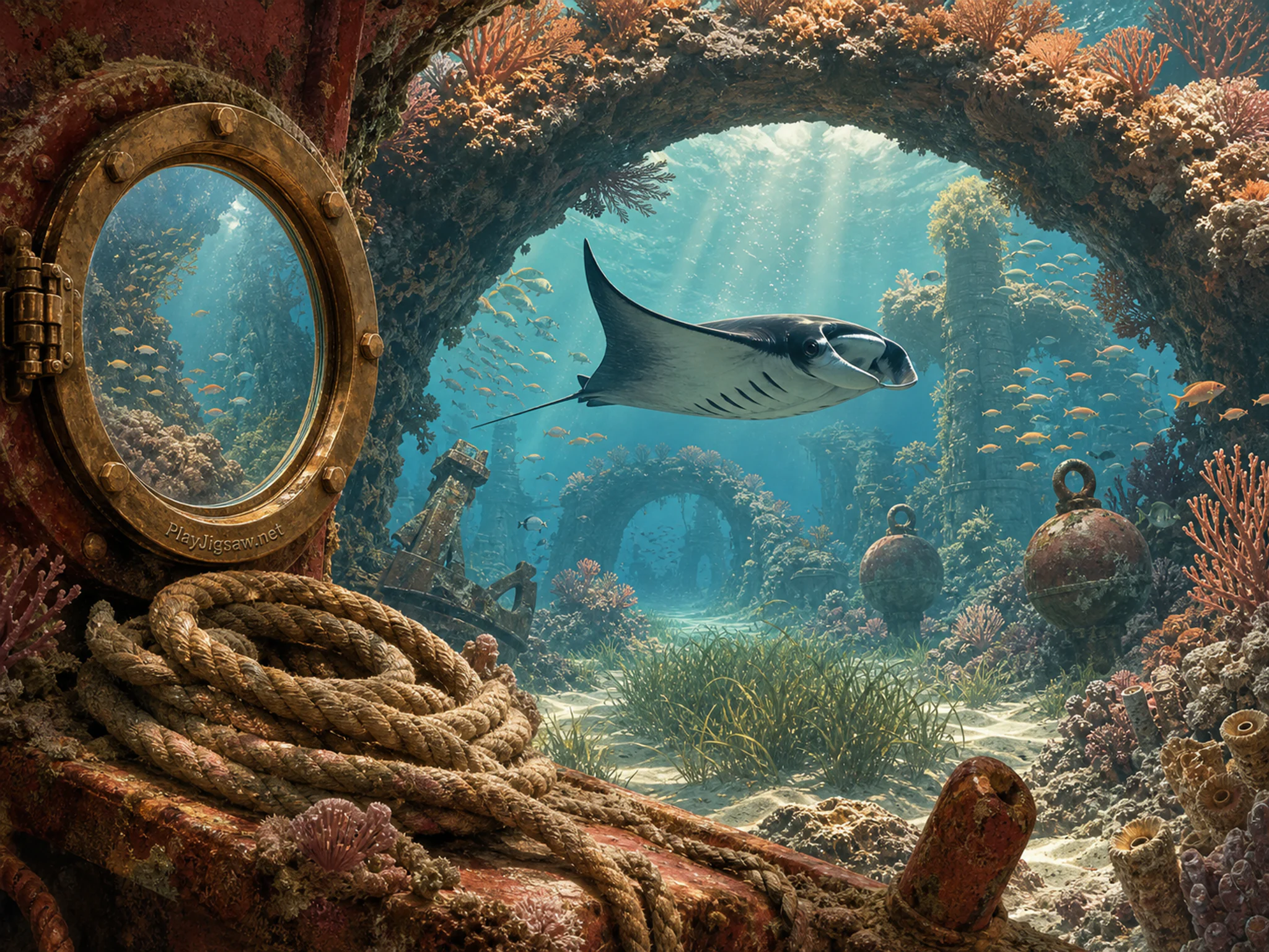 Manta Tunnel gliding beyond coiled harbor rope in a clear underwater reef, with layered scenery and gentle rain with crisp reflections.