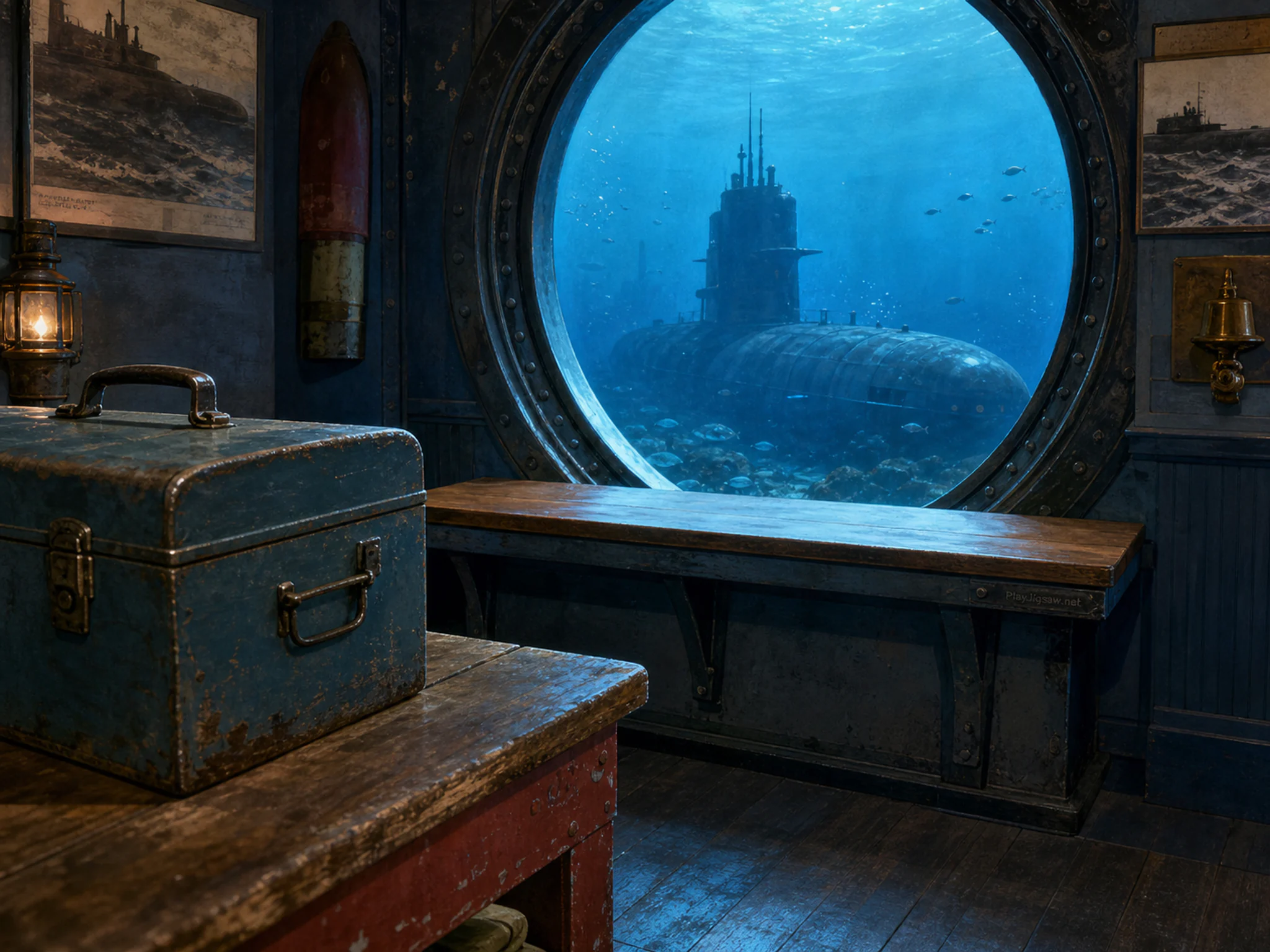 submarine window seen beyond a blue metal toolbox in a small harbor museum room with a submarine viewing window, with familiar objects and cool blue-hour light.