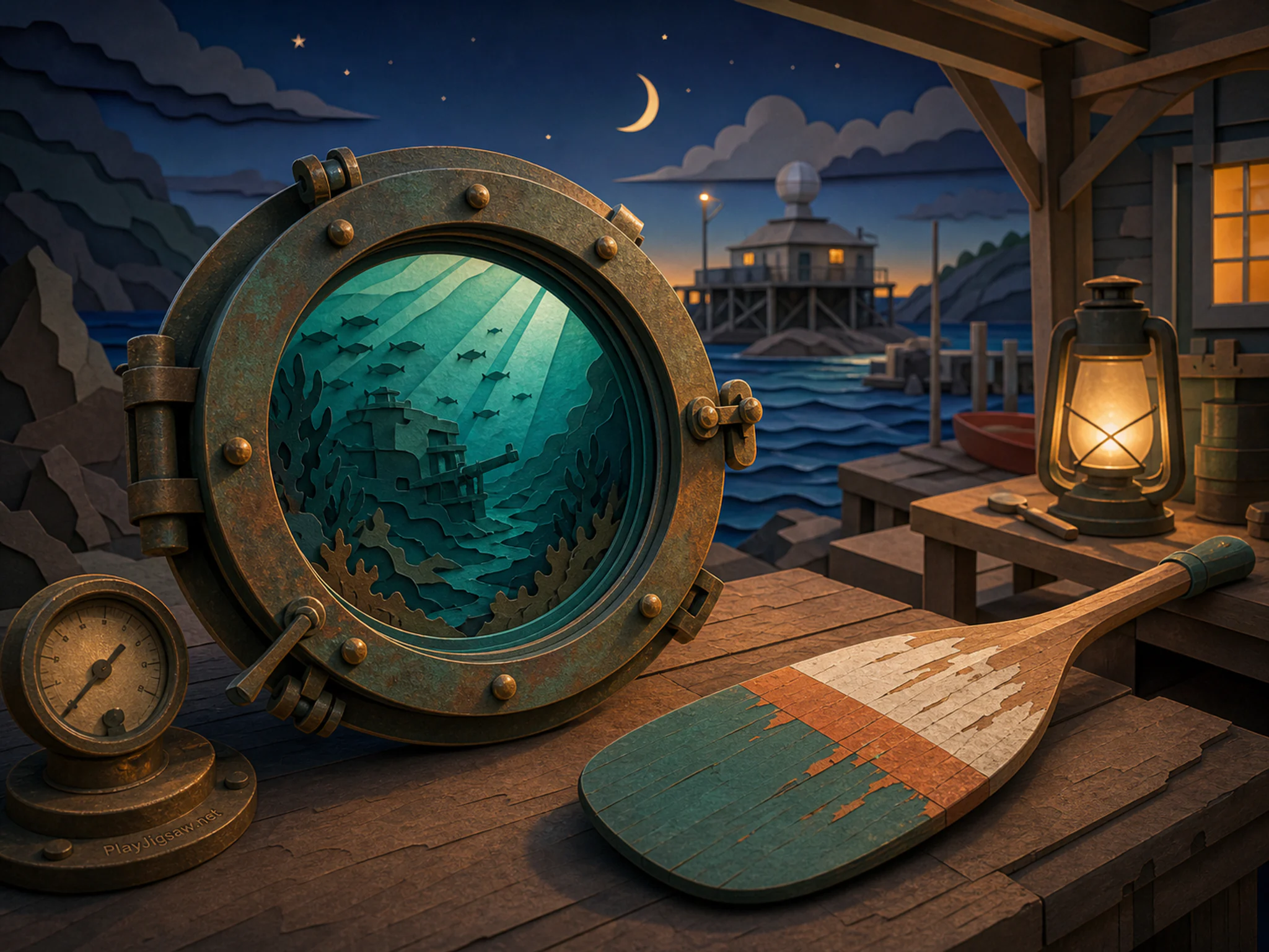 Submarine Window resting against painted paddle in a practical marine field station, with layered scenery and golden lamplight at dusk.