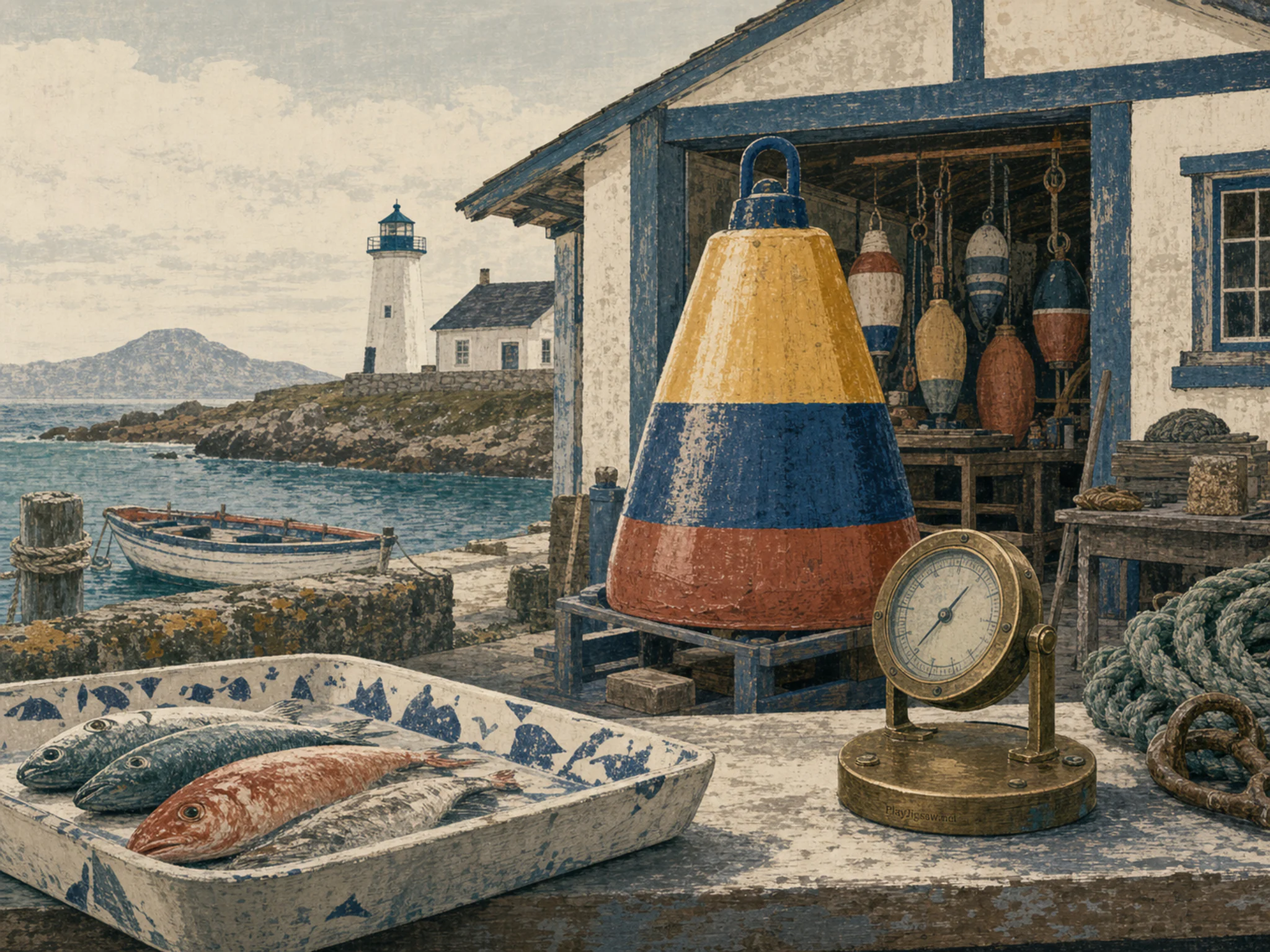 Buoy Workshop being cataloged near ceramic fish market tray in a practical marine field station, with layered scenery and soft overcast afternoon.