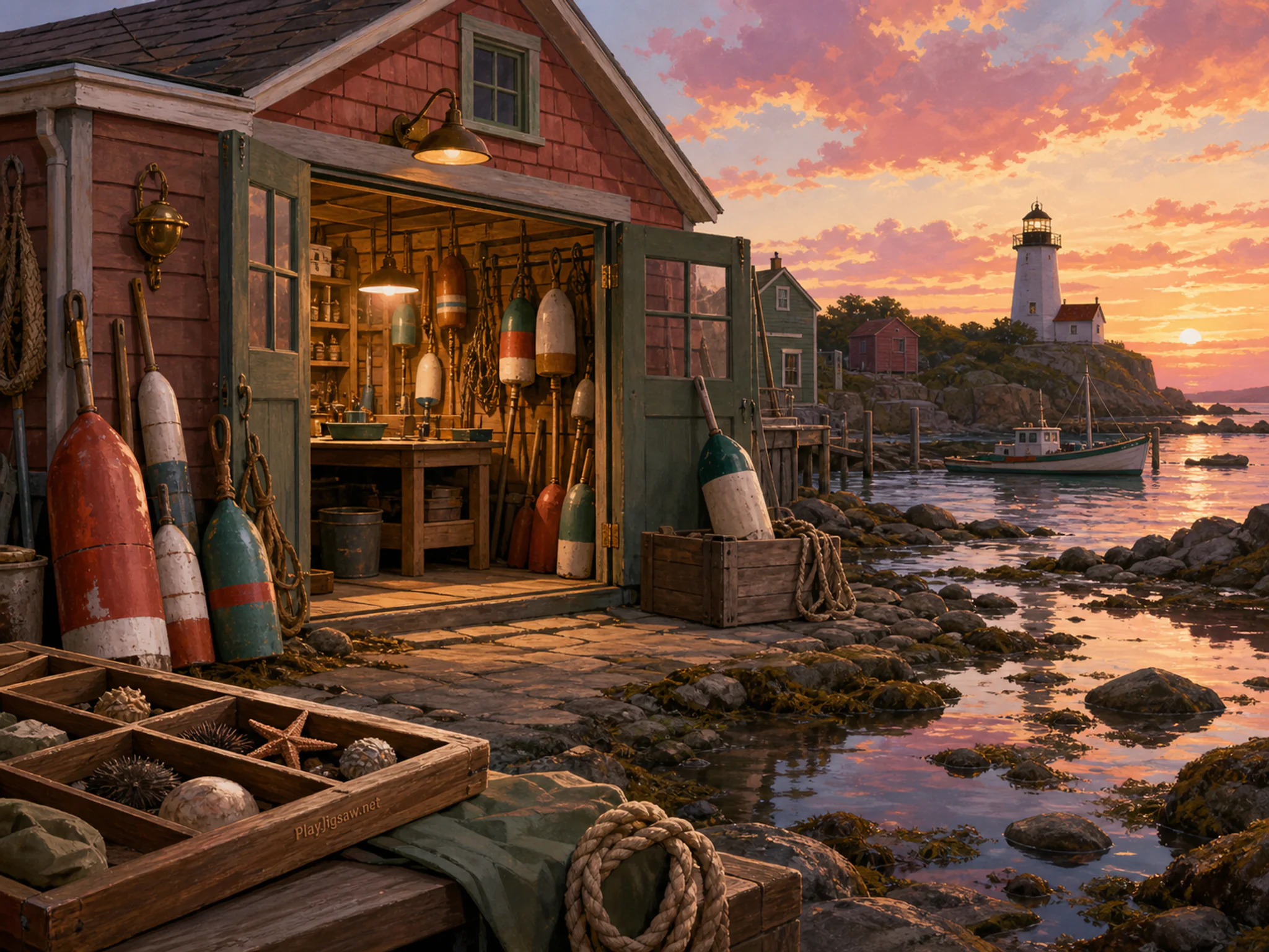 Buoy Workshop opening onto wooden specimen box in a shallow rocky tide pool, with layered scenery and golden lamplight at dusk.
