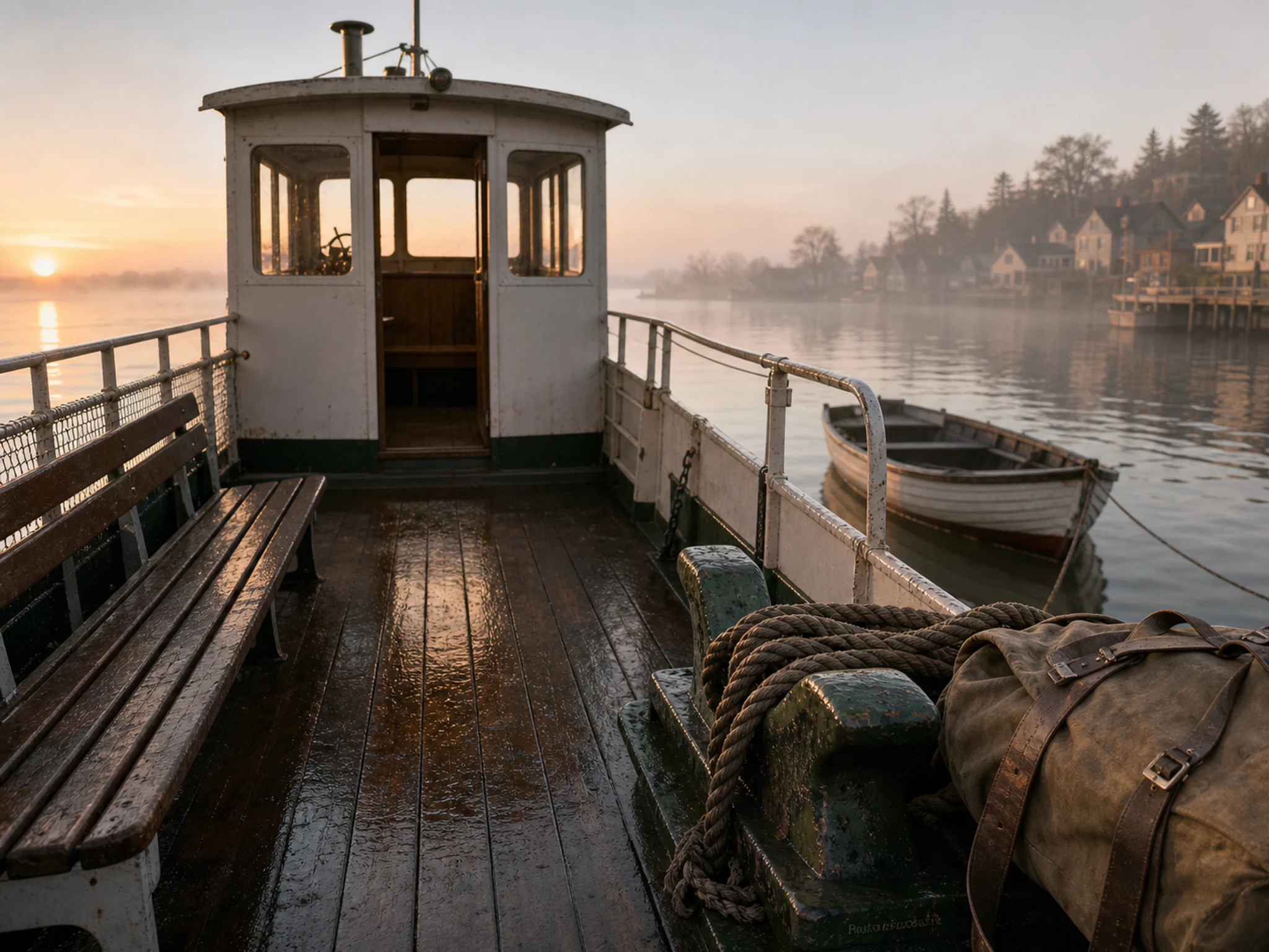 ferry deck seen beyond a canvas travel bag in a small ferry dock with benches and tied boats, with familiar objects and calm misty dawn.