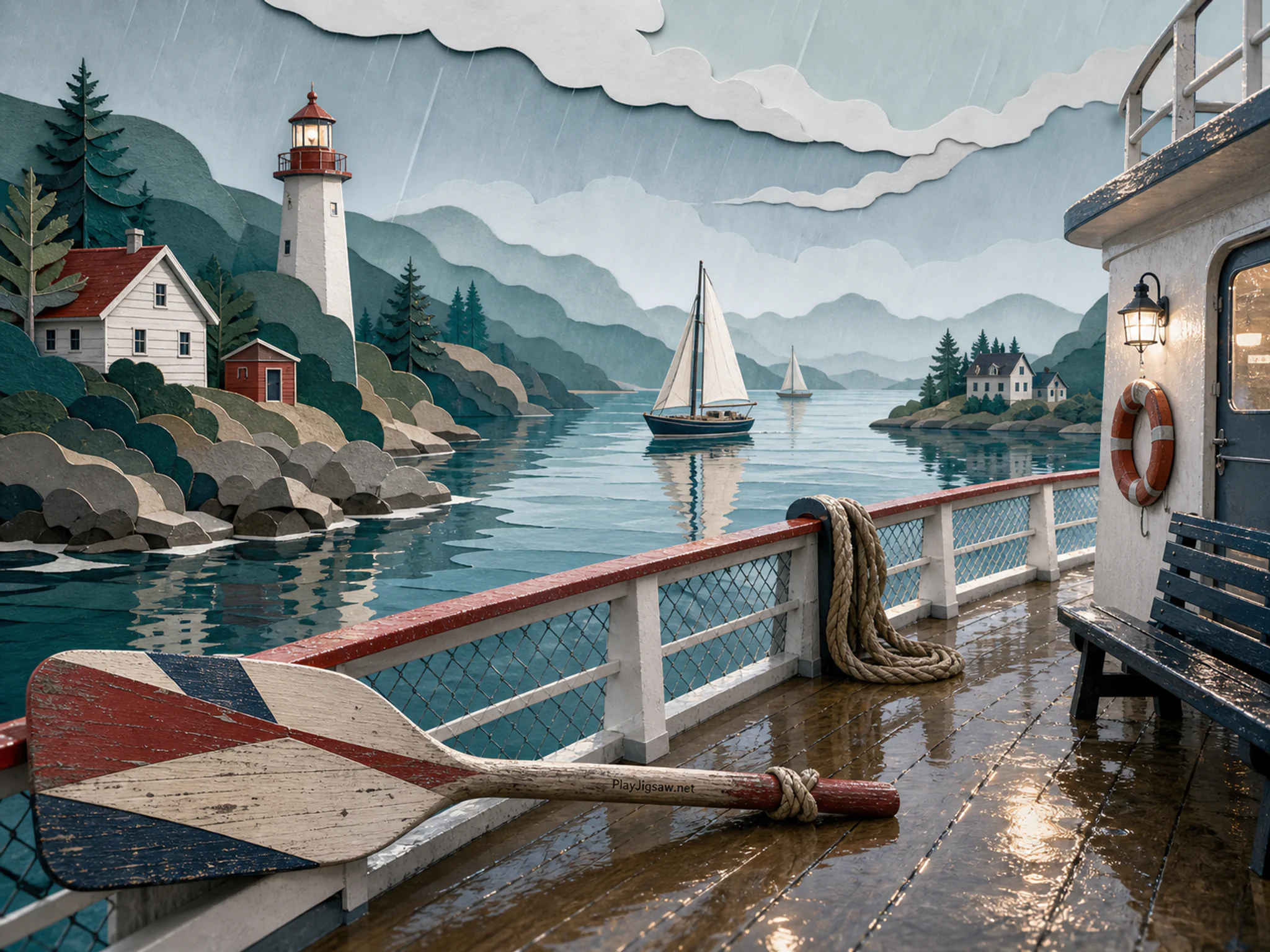 Ferry Deck shining above painted paddle in a layered sailing bay, with layered scenery and gentle rain with crisp reflections.