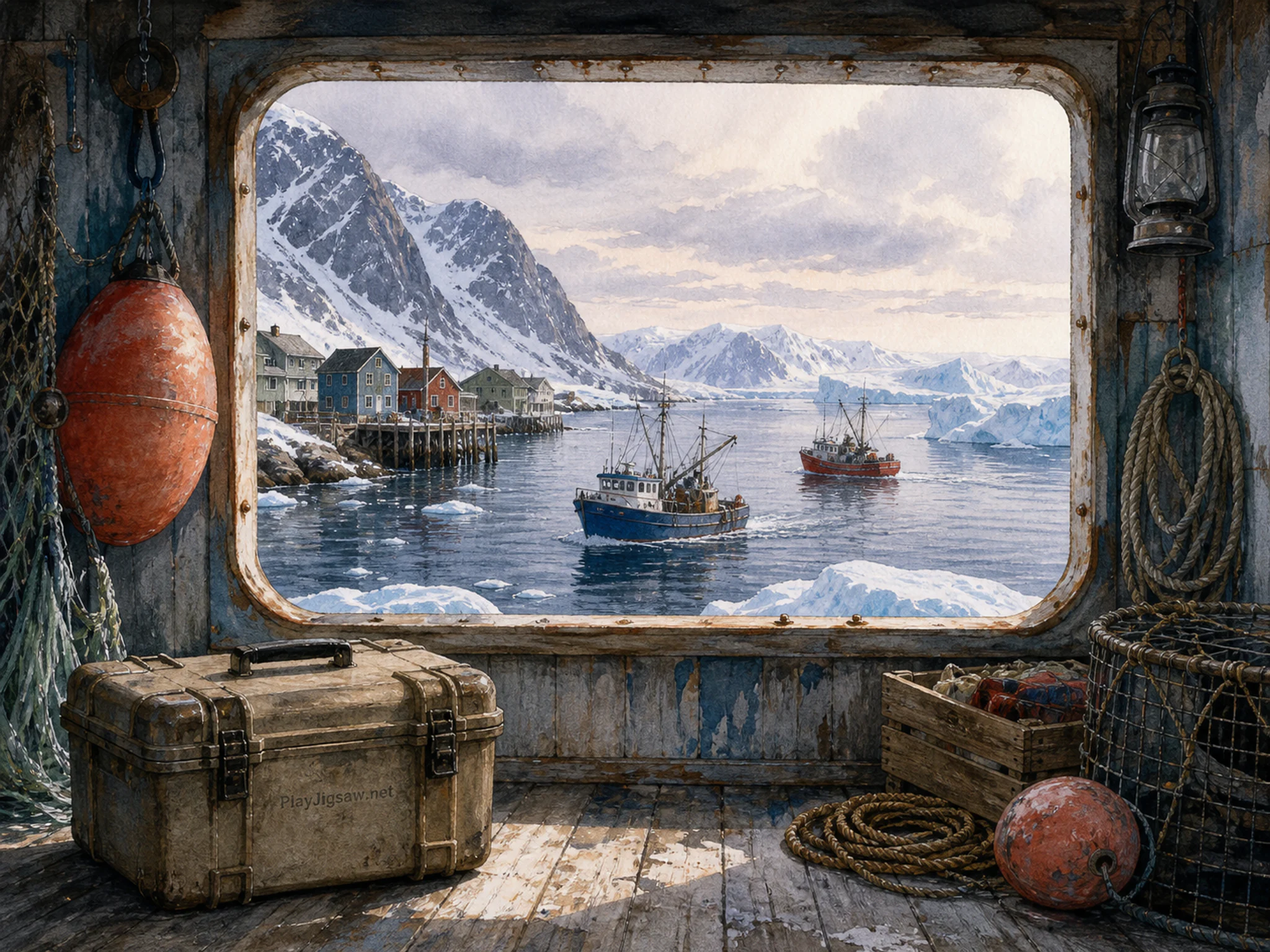 Fishing Harbor gliding beyond small observation viewport in a stark polar shoreline, with layered scenery and soft overcast afternoon.